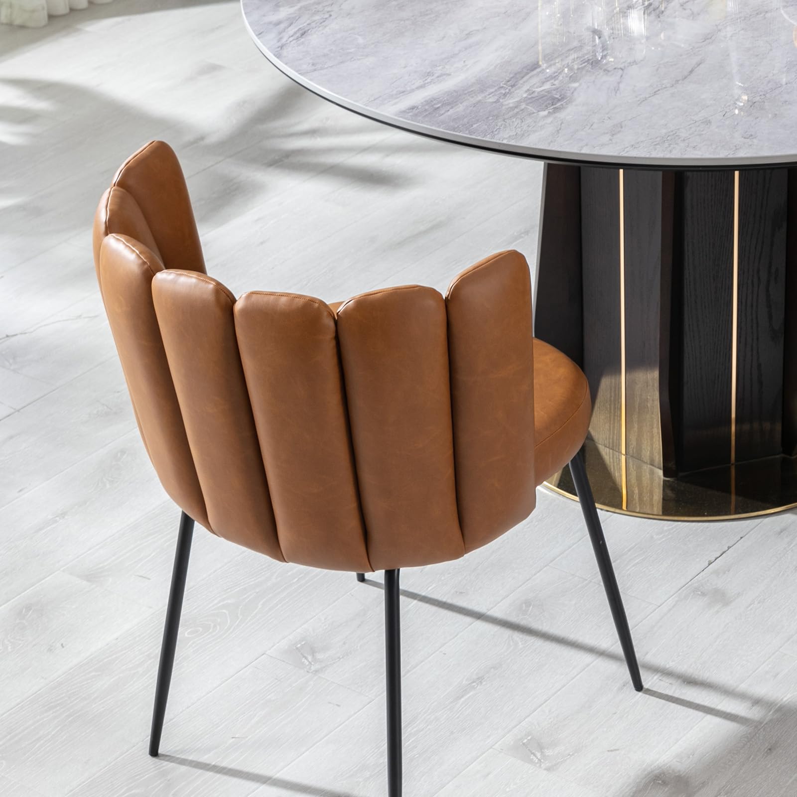 Modern Brown PU Leather Dining Chairs Set of 2 - Armless Faux Leather Upholstered Kitchen Side Chairs with Black Metal Legs - Perfect for Home, Kitchen, Living Room & Dining Room Decor
