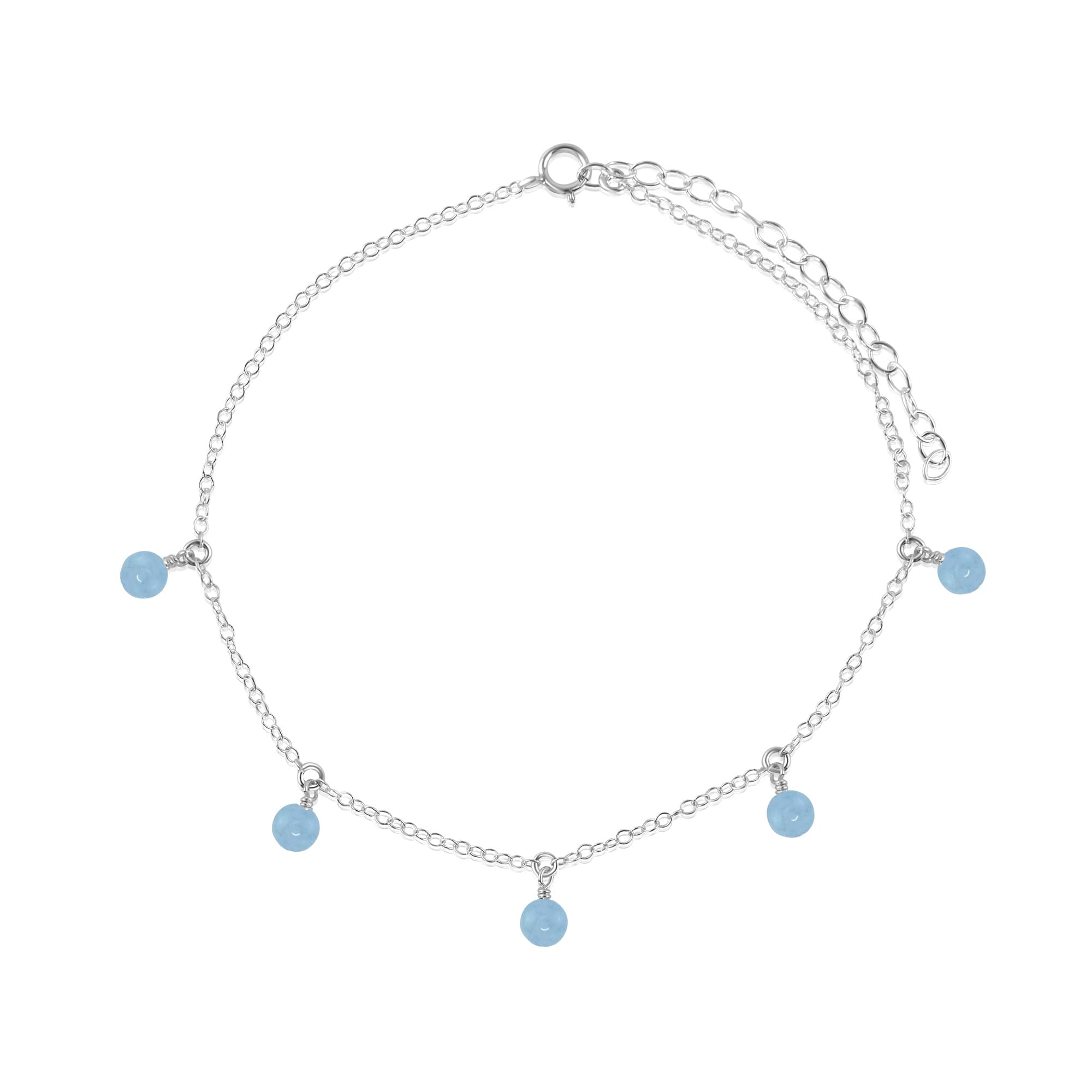 Luna Tide Aquamarine Bead Drop Sterling Silver Anklet - Elegant Beach Jewelry for Summer Outfits & Boho Style