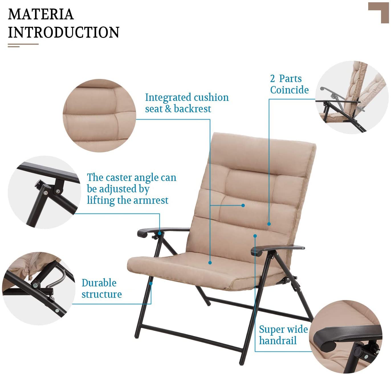 3-Piece Patio Folding Bistro Set - Outdoor Metal Adjustable Recliner Furniture with 2 Foldable Padded Chairs & Coffee Table - Perfect for Balcony, Backyard, Porch, Garden & Poolside (Beige)