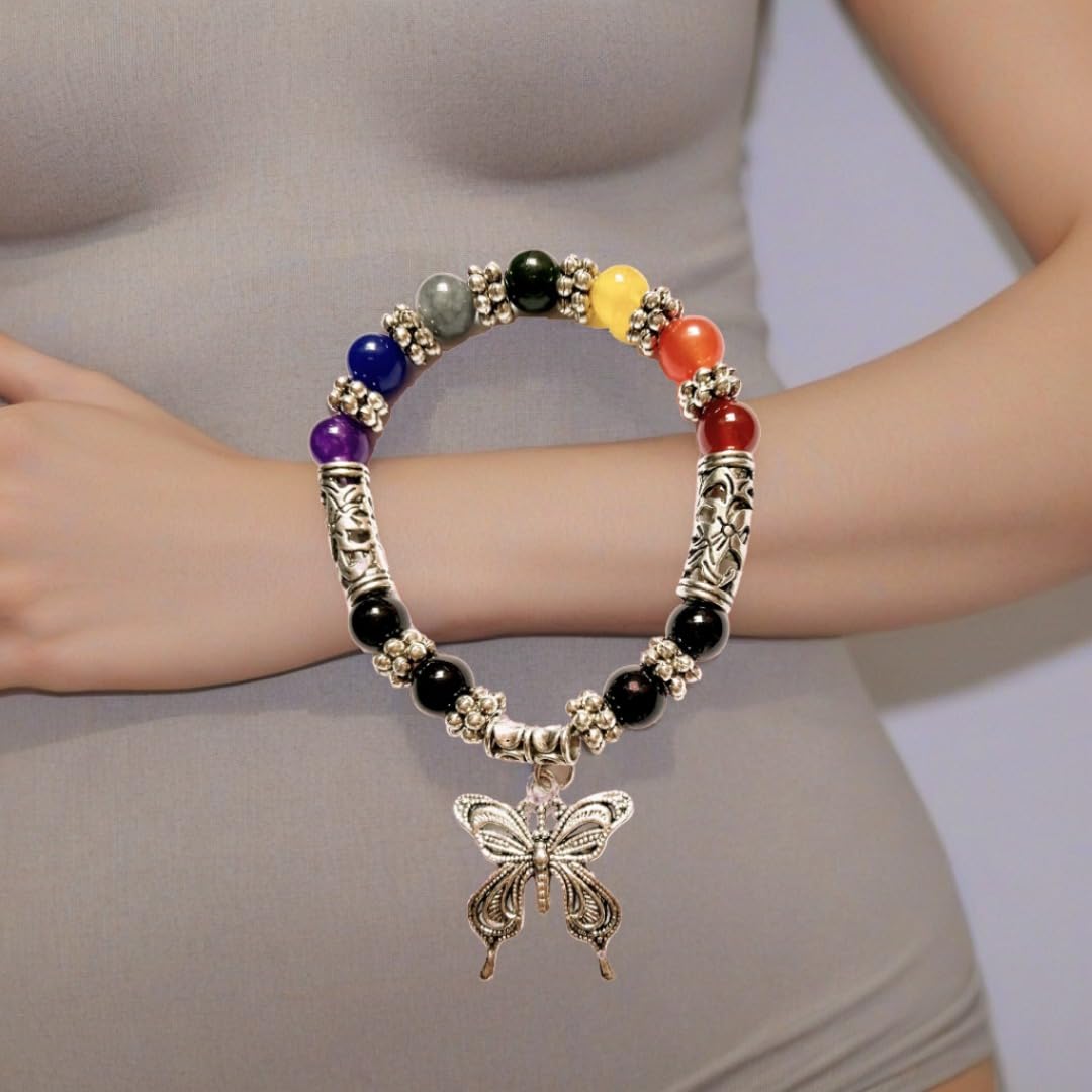 Seven Chakra Healing Agate Stone Beads Bracelet with Butterfly Charm - Spiritual Holistic Gemstone Jewelry for Women | Meditation, Yoga, Energy Balancing & Positive Vibes