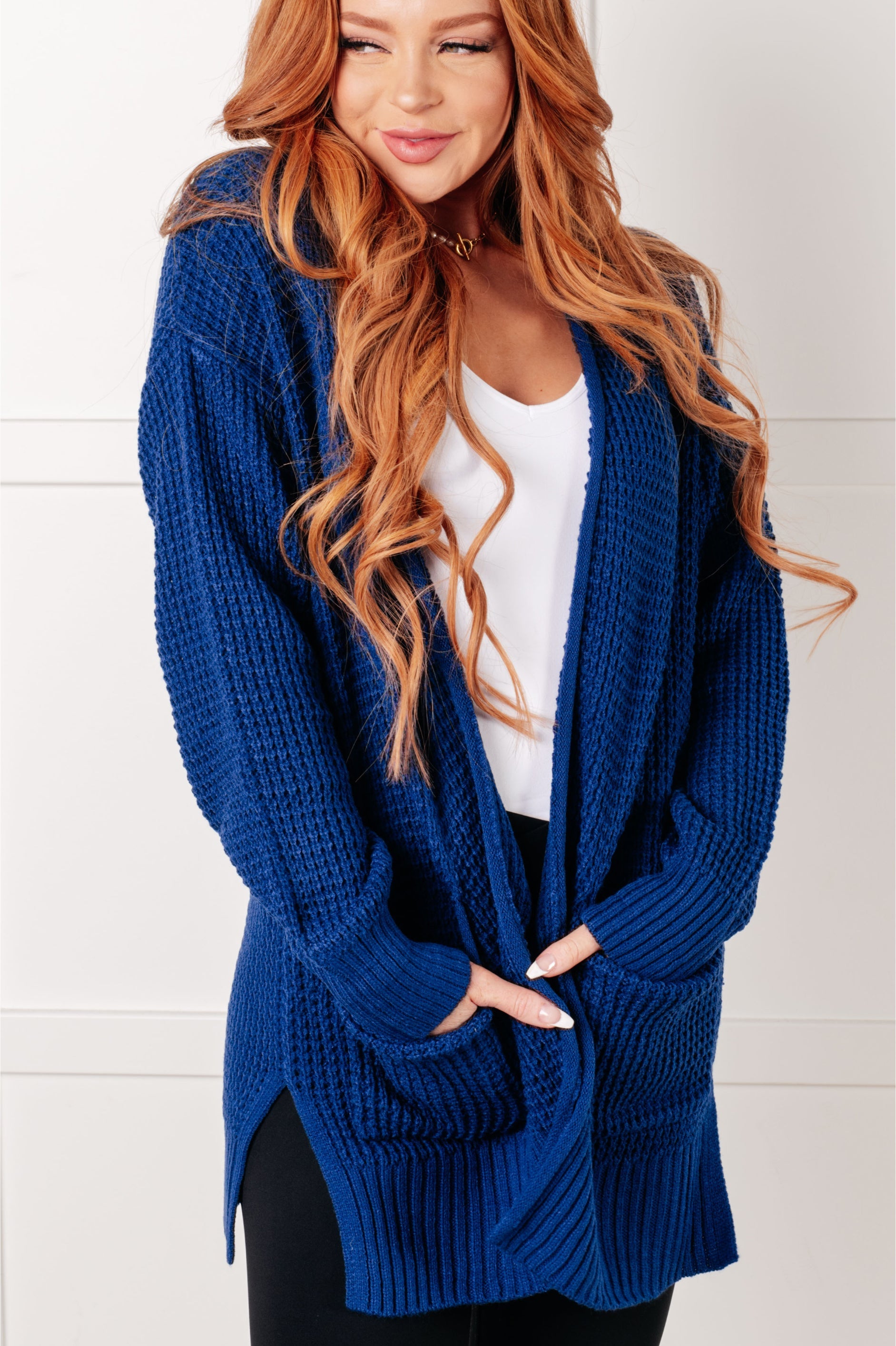 Light Navy Waffle Knit Open Front Cardigan for Women - Cozy Long Sleeve Loose Fit Sweater - Perfect for Fall Layering, Casual Outfits & Lounge Wear