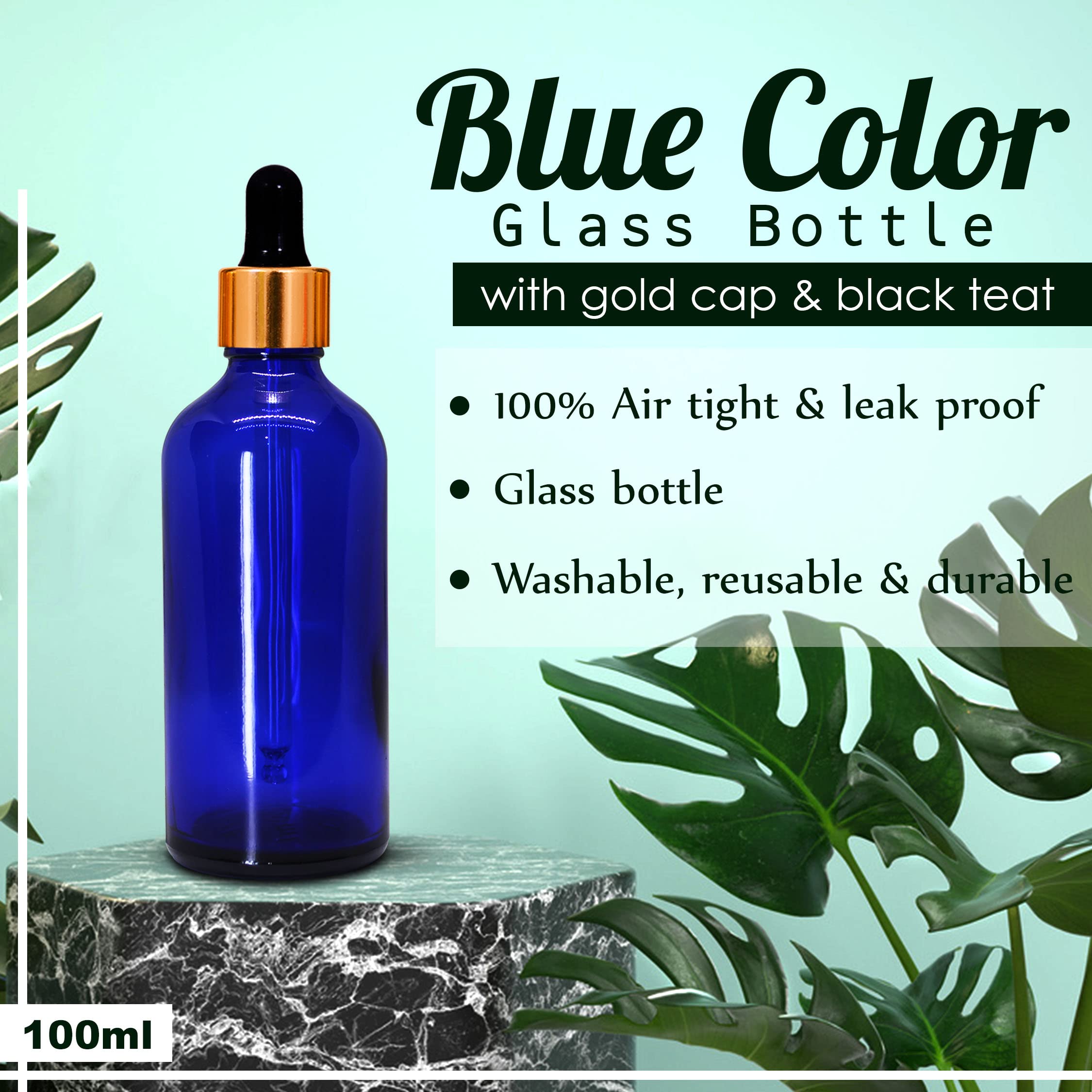 NSB Herbals 100ml Blue Round Empty Glass Bottle with Glass Dropper, Gold Ring & Black Silicone Teat - Leak Proof, Refillable for Essential Oils, DIY Perfumes, Aromatherapy, Homemade Skincare (Pack of 1) - Perfect for Travel, Gifts & Crafting Projects