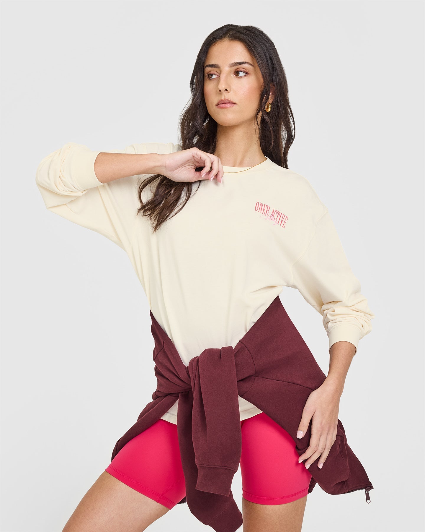 Oner Graphic Washed Long Sleeve T-Shirt for Women | Vintage Distressed Off White Cotton Top | Casual Streetwear, Layering, Fall Outfits