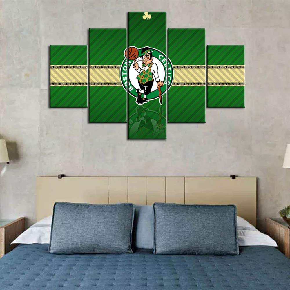 Boston Celtics NBA Basketball Wall Art - 5 Panel Canvas Painting 60''W x 40''H, Framed & Ready to Hang | Modern Sports Decor for Living Room, Man Cave, Game Room & Office | Native American Inspired Basketball Team Artwork