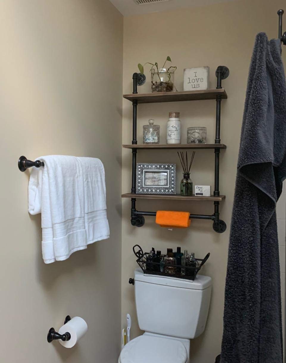MIQ Industrial 3-Tier Rustic Wooden Pipe Shelf with Towel Bar - 24 Inch Wall Mounted Bathroom Storage Organizer for Towels, Decor & Essentials | Perfect for Farmhouse, Industrial & Modern Bathroom Designs