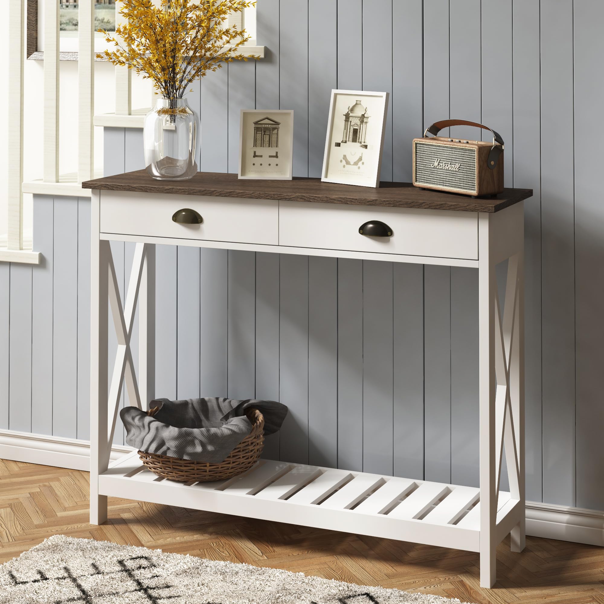 Rustic Vintage Farmhouse Console Table with Drawer - Narrow Long Entryway Table with Shelf for Living Room, Hallway & Sofa - Sturdy X Supports, 40 Inch White - Perfect for Small Spaces, Apartment Entry, Farmhouse Decor & Cozy Home Staging
