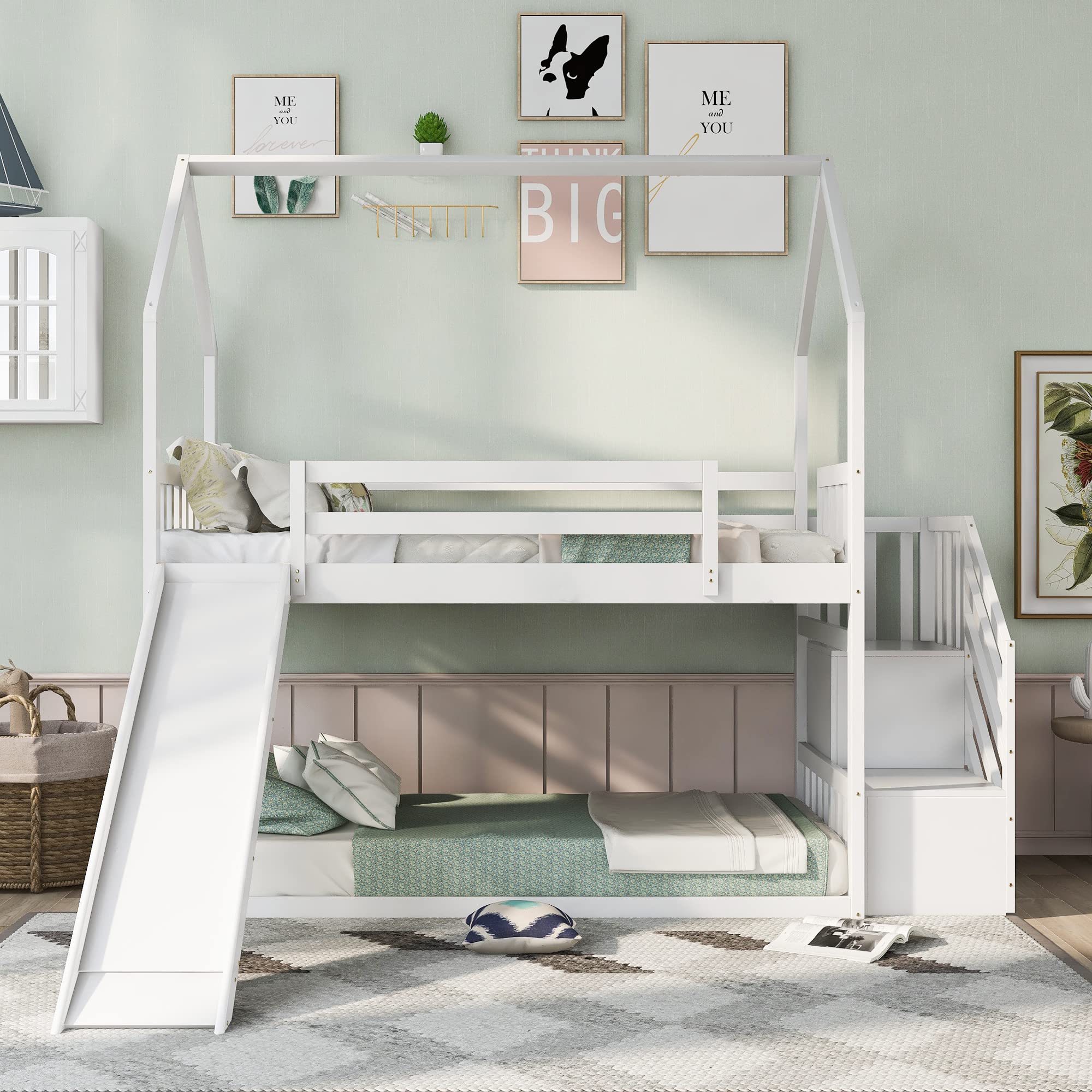 MOEO Twin Over Twin Wooden Bunk Bed with Convertible Slide & Storage Staircase - Low Profile Bed Frame for Kids & Adults, Left or Right Placement, No Box Spring Needed (White) - Perfect for Small Bedrooms, Guest Rooms & Kids' Play Areas