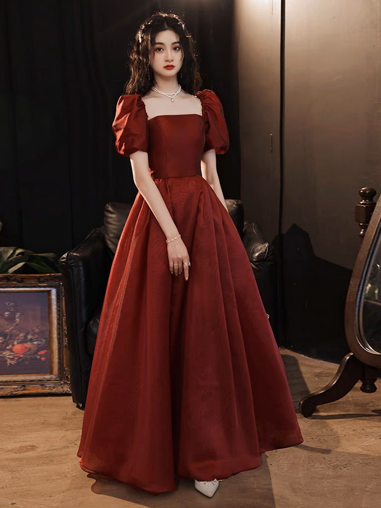 Elegant A-Line Puff Sleeves Organza Burgundy Long Prom Dress & Evening Gown for Homecoming, Wedding, Party - Formal Occasions & Special Events