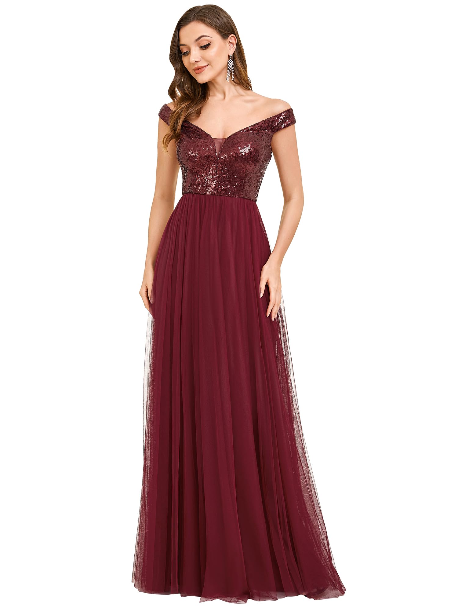 Ever-Pretty Women's V-Neck Sequin Tulle A-Line Evening Gown for Prom, Wedding Guest & Formal Events - Style 0277