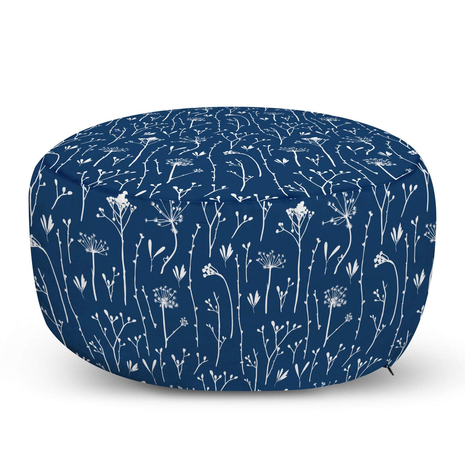 Ambesonne Botanical Ottoman Pouf - Flower Branches Herbs Forest Foliage Design, Soft Foot Rest Stool with Removable Cover for Living Room, Bedroom, Nursery - Night Blue & White - Perfect for Relaxing, Reading Nook or Extra Seating