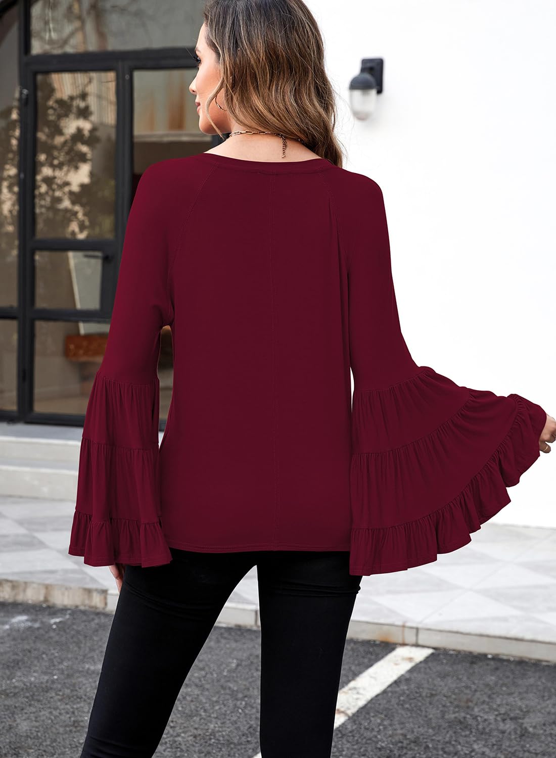 Hount Women's Casual Long Bell Sleeve T-Shirt - Loose Fit Round Neck Flare Sleeve Blouse for Everyday Wear, Office & Date Night Outfits