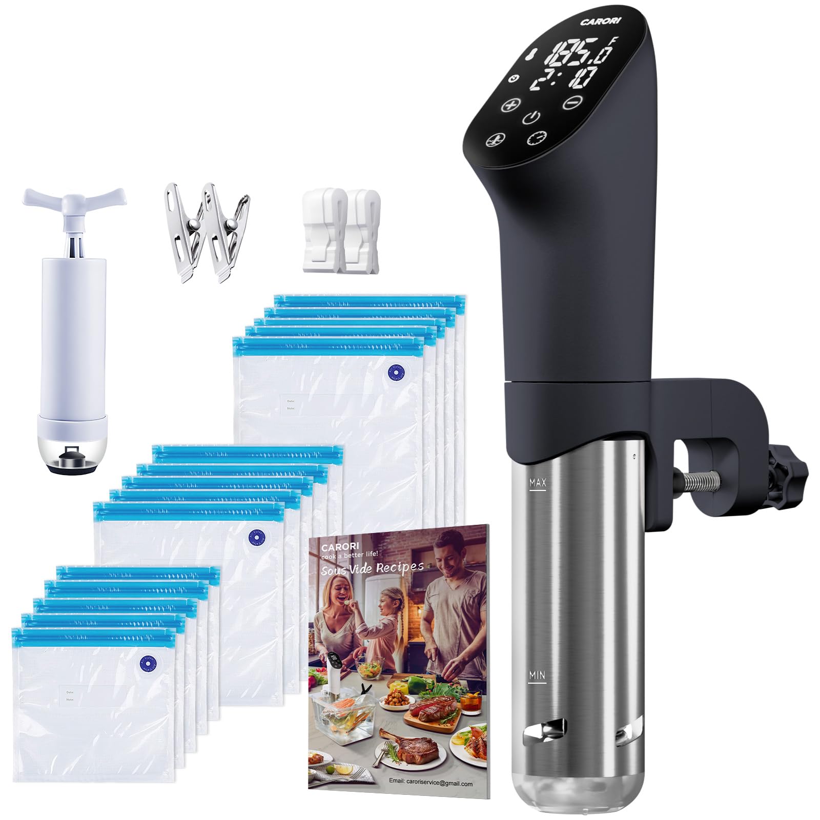 1100W Sous Vide Precision Cooker - Ultra Quiet Immersion Circulator with 20-Piece Vacuum Seal Bags Kit (3 Sizes, Reusable) & Digital Temperature Control - Perfect for Steak, Chicken, Fish & Meal Prep - Includes Free Sous Vide Recipes