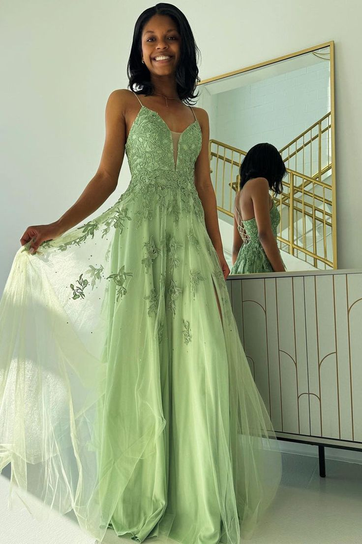 Elegant Green Spaghetti Strap A-Line Long Tulle Prom Dress 2280 | Formal Evening Gown for Homecoming, Quinceañera & Special Occasions
