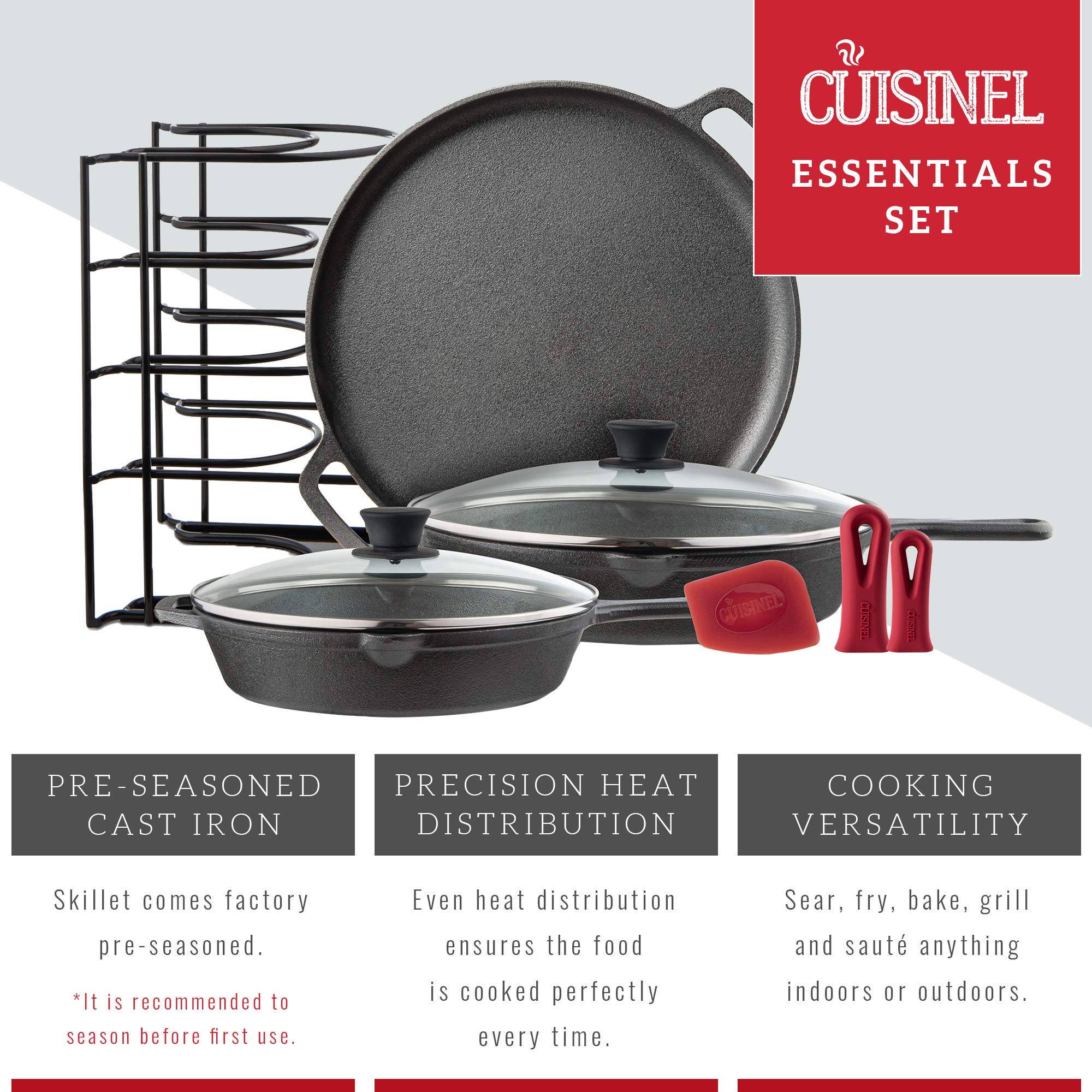 Cuisinel 9-Piece Cast Iron Cookware Set - Pre-Seasoned Skillets (10