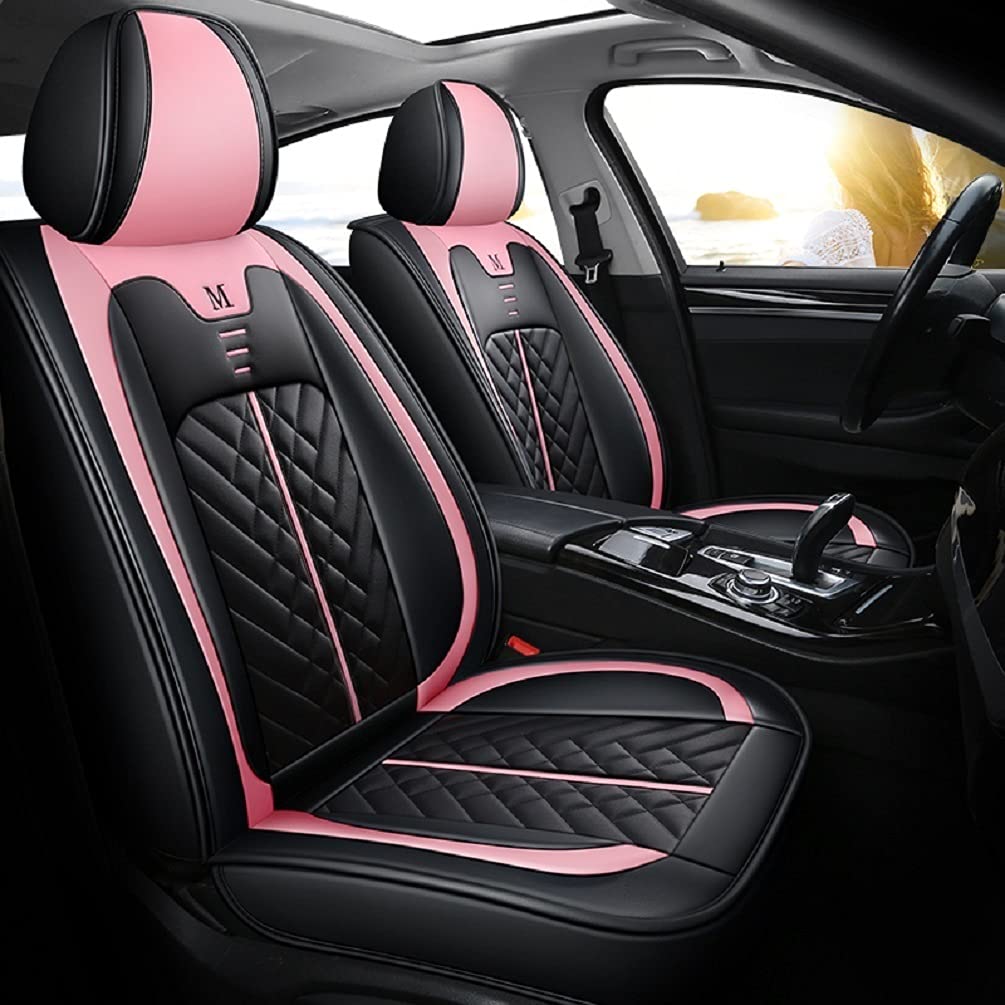 Premium Cartoon Cat PU Leather Car Seat Covers - Universal Fit for Sedan & SUV (5-Seat Full Set) - Waterproof & Anti-Slip Front/Rear Seat Protectors (Black-Pink) - Perfect for Pet Lovers, Family Road Trips & Daily Commute