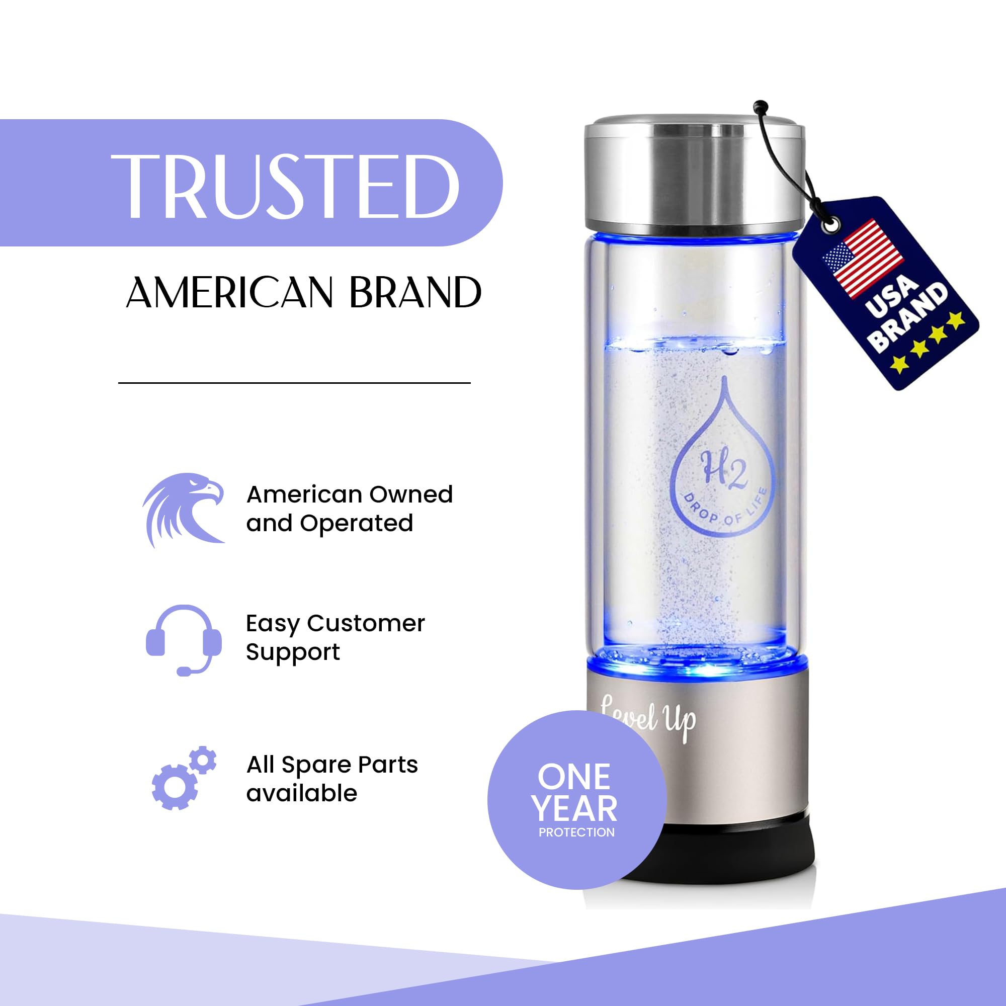 LevelUpWay 2025 Hydrogen Water Bottle Generator - SPE PEM Ionic Membrane Technology - High Borosilicate Glass - 13oz (Crystal Silver) - Portable Hydrogen Water Maker for Home, Office & Travel Hydration