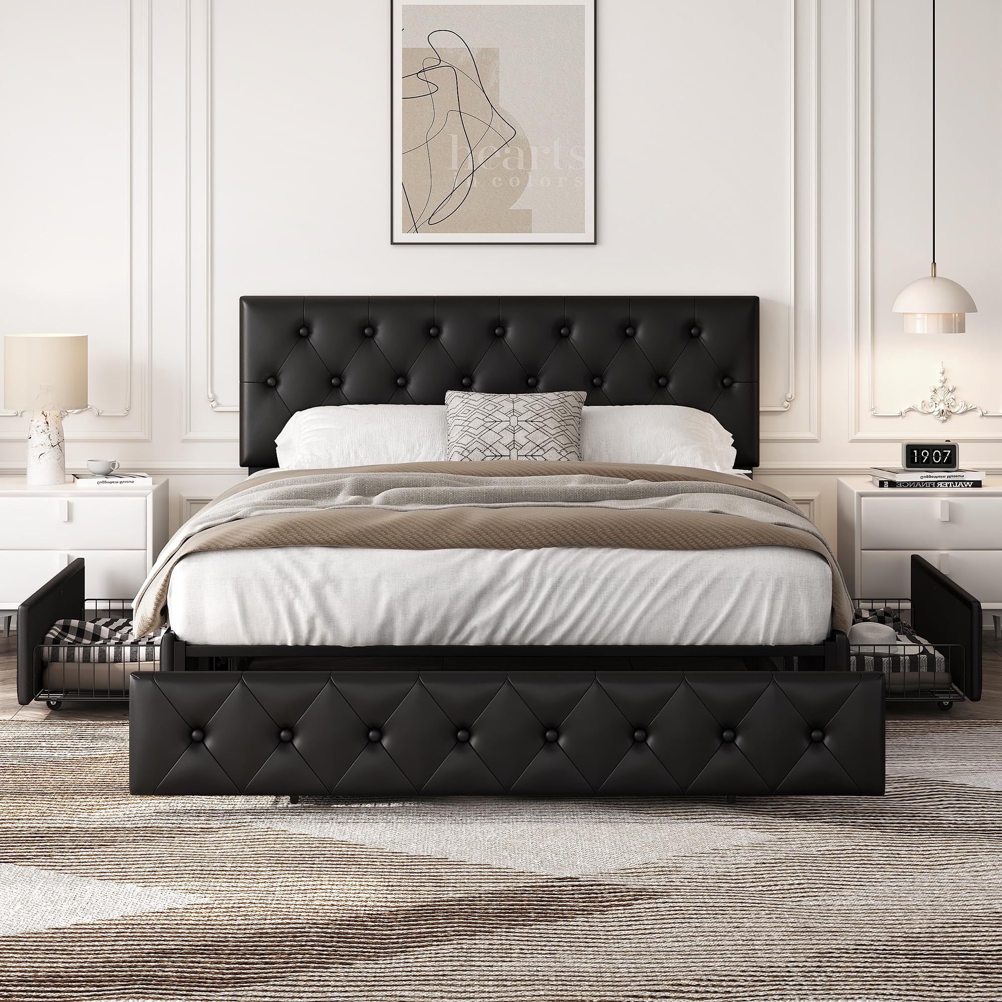 Yaheetech Queen Upholstered Bed Frame with Adjustable Diamond Button-Tufted Headboard & 3 Storage Drawers - Sturdy Wooden Slats Platform Bed - Black - Perfect for Small Bedrooms & Guest Rooms