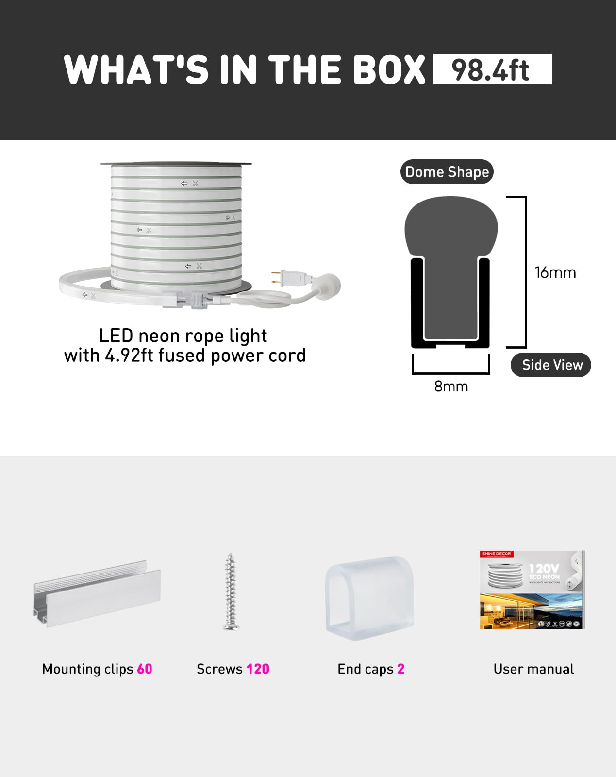 Shine Decor LED Rope Lights AC 120V - Connectable & Cuttable Dotless 120LEDs/M Eco Neon Strip Lighting - ETL IP65 Waterproof & Weather-Resistant - 8x16mm, 4500K Neutral White, 98.4FT - Perfect for Home, Commercial, Outdoor, Party & Holiday Decorations