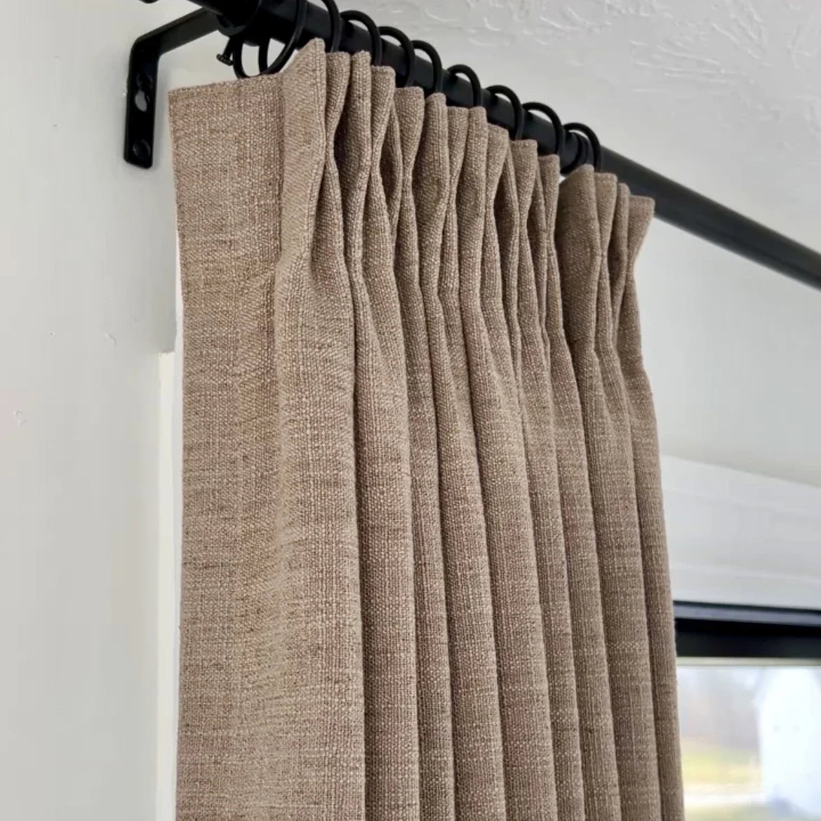 Pinch Pleated Blackout Curtains - Linen Memory Fabric, Natural Oak & Dim Grey - Modern Custom Drapes for Living Room & Bedroom - Light Blocking & Noise Reducing Window Treatments