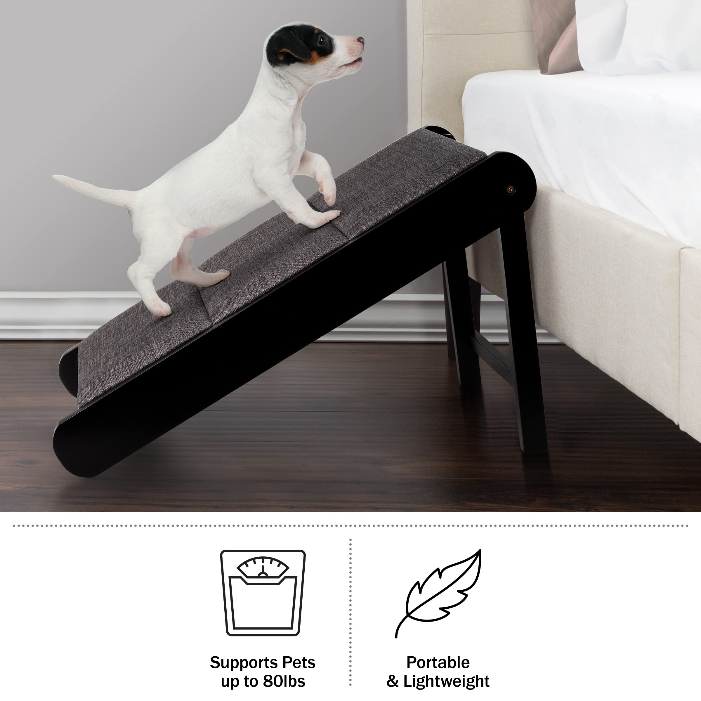 Foldable Wooden Pet Ramp for Small Dogs - Lightweight Dog Stairs for Beds, Couches & Cars - Portable Pet Accessories by PETMAKER (Black/Gray) - Perfect for Elderly Pets, Post-Surgery Recovery & Traveling with Your Dog