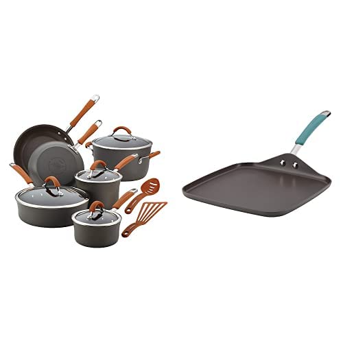 Rachael Ray Cucina 12-Piece Hard Anodized Nonstick Cookware Set with Blue Handles & 11-Inch Griddle Pan - Durable Gray Pots and Pans for Frying, Sautéing, Boiling - Perfect for Home Cooking, Family Meals & Professional Kitchens