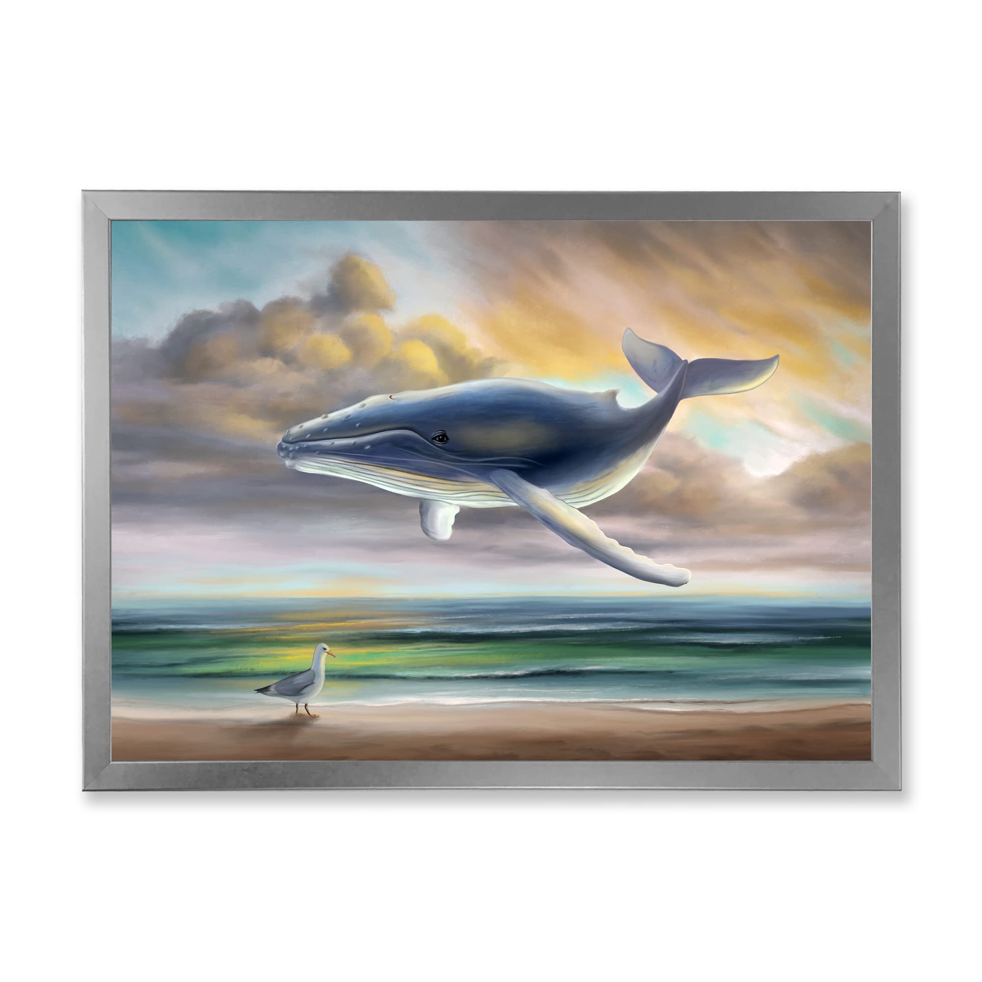 Whale Floating in the Sky - Kids Nursery Wall Art Decor, Framed Canvas Print for Children's Bedroom, Playroom & Classroom Decor