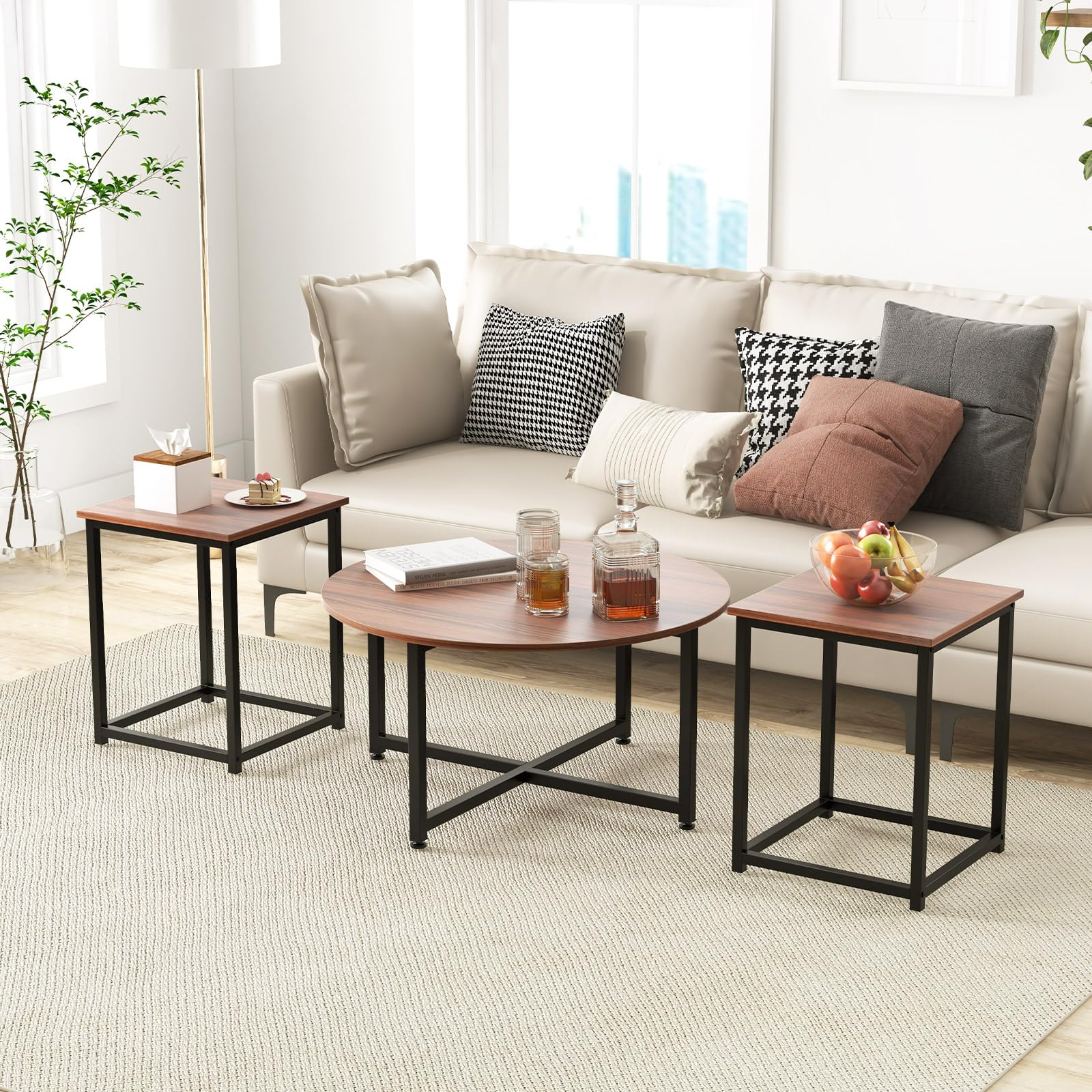 COSTWAY 3-Piece Coffee Table Set - Round Wood Grain Coffee Table & 2 Square End Tables with Sturdy Metal Frame, Modern Living Room Furniture for Small Spaces & Apartments (Walnut & Black) | Perfect for Compact Living Rooms, Studio Apartments & Cozy Home Decor
