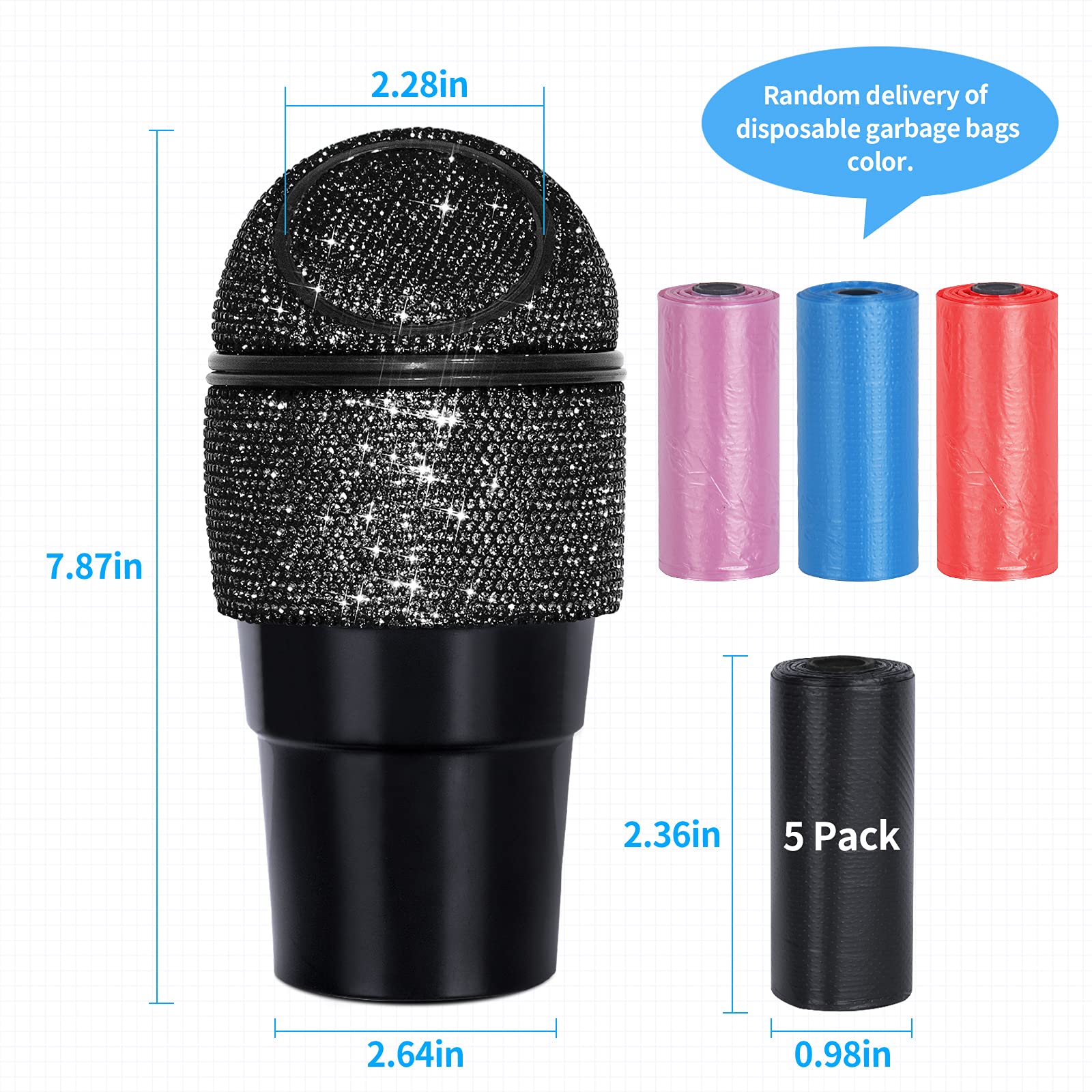 Bling Crystal Car Trash Can with Lid - Mini Auto Garbage Bin for Car, Office & Home - 5 Pack Disposable Bags Included - Perfect for Women's Vehicles, Cup Holder & Small Space Organization (Black)