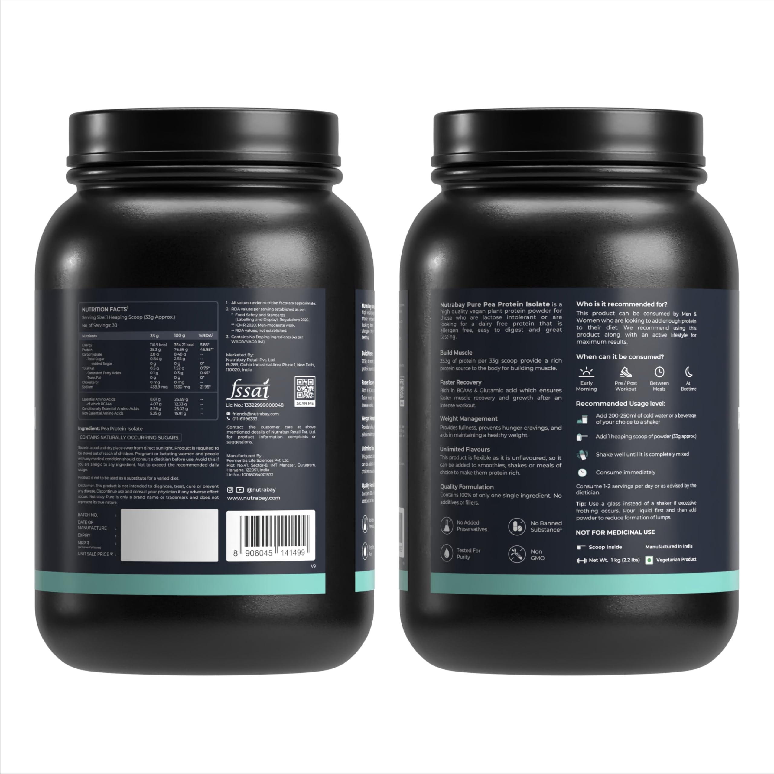 Nutrabay Pure Pea Protein Isolate Powder - 1kg Unflavored (30 Servings) | 25.3g Protein & 5g BCAA per Serving | Plant-Based Protein for Muscle Growth, Recovery & Weight Management | Easy to Digest Vegan Protein Powder for Smoothies, Baking & Post-Workout Shakes
