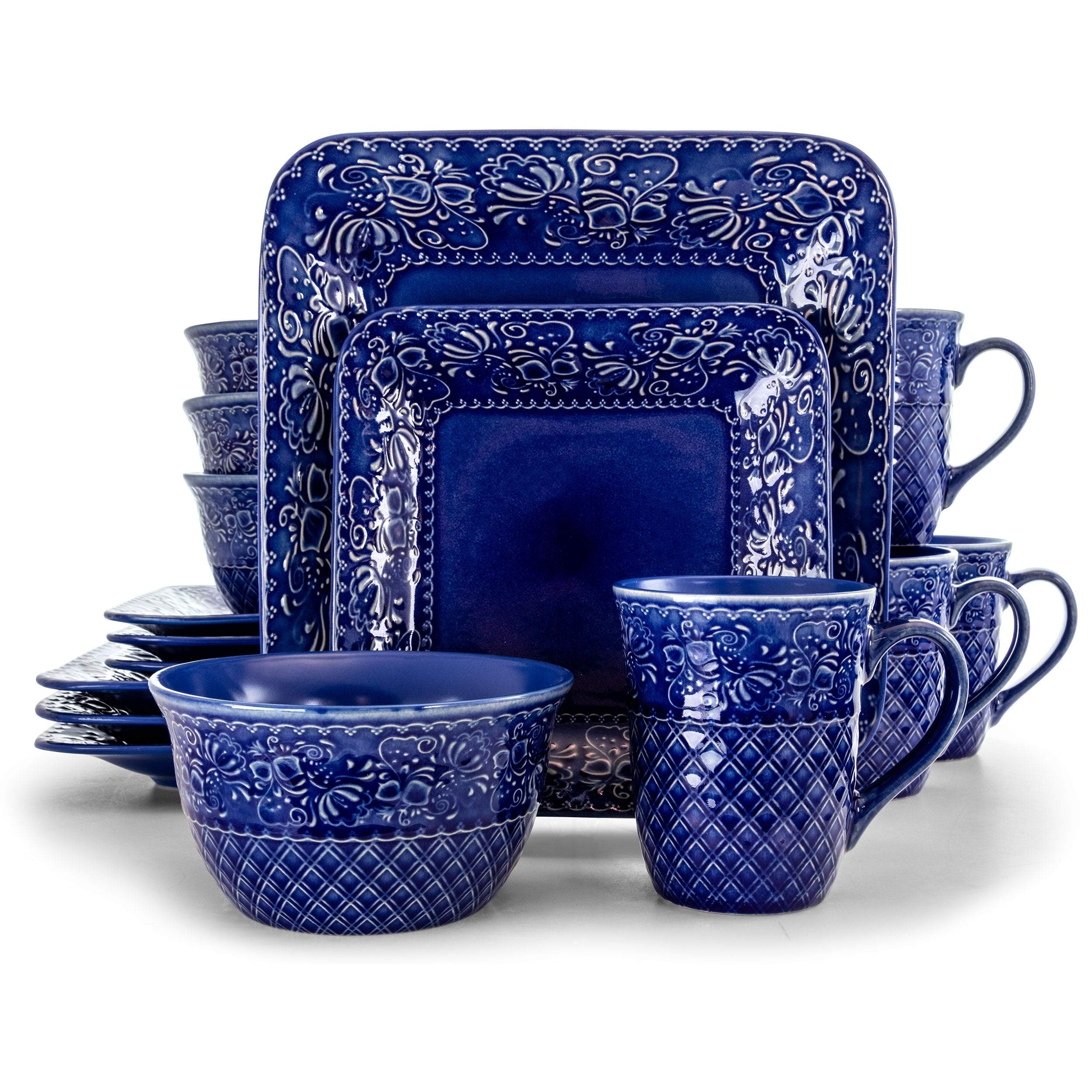 Indigo Lotus 16-Piece Square Stoneware Dinnerware Set - Blue Floral Design, Microwave & Dishwasher Safe - Perfect for Casual Dining, Entertaining & Everyday Use