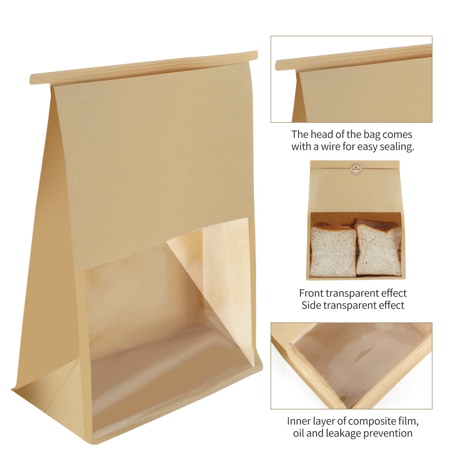 50-Pack Large Brown Bakery Bags with Window - 11.4