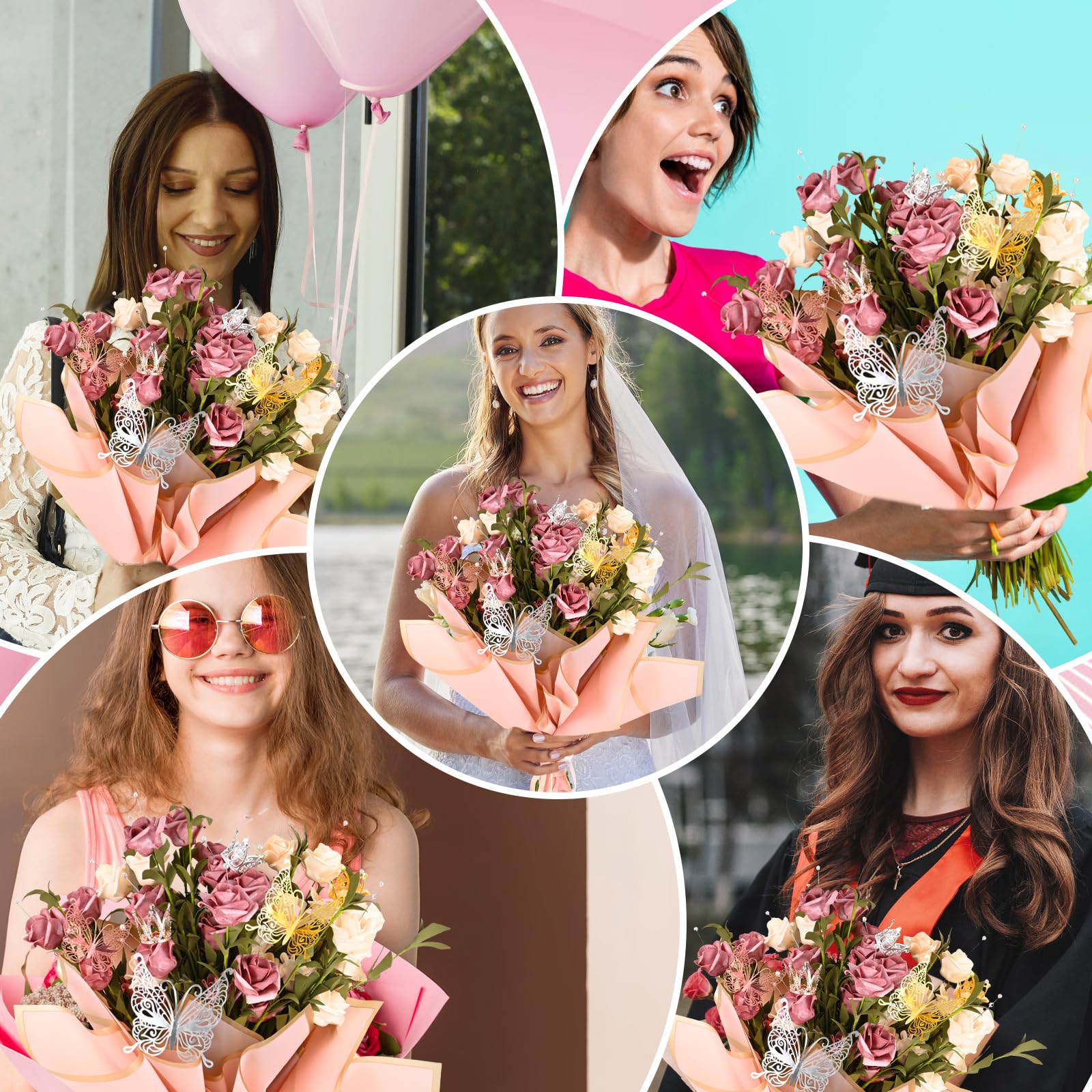 241 Pcs Waterproof Flower Bouquet Wrapping Paper Set with 3D Butterflies & Crown Ribbons - DIY Floral Arrangement Supplies for Weddings, Birthdays, Florist Crafts | Perfect for Gift Wrapping, Party Decorations & Handmade Bouquets
