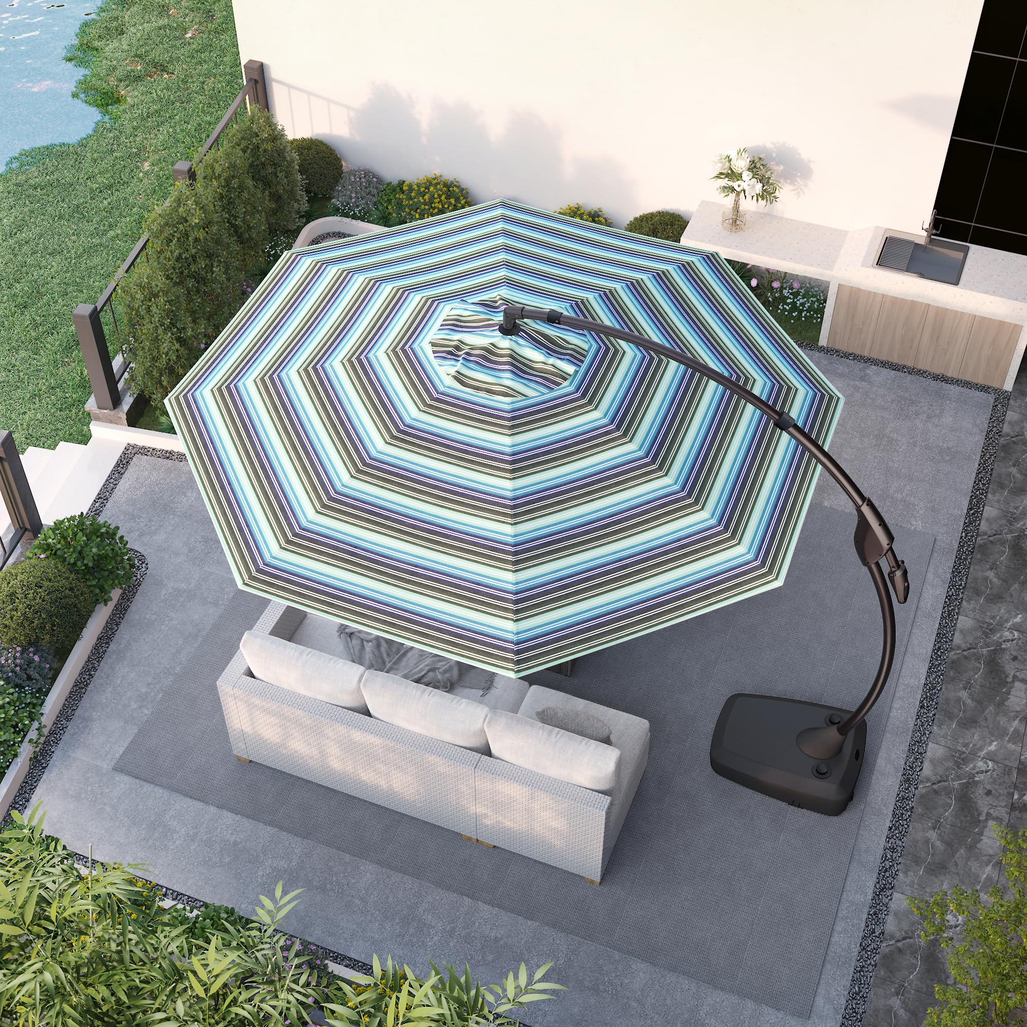 11FT Grand Patio Cantilever Offset Umbrella - Aluminum Outdoor Umbrella with Base for Pool, Garden, Deck (Stripes) - Perfect for Shade in Backyard, Beach & Outdoor Dining Areas