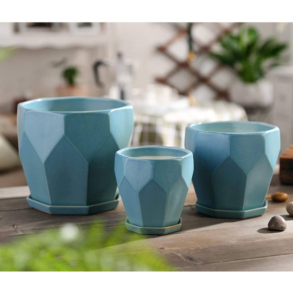 Modern Geometric Ceramic Plant Pot with Drainage Tray - Extra Large Polygonal Flower Planter for Succulents, Cactus, Indoor Plants - Perfect for Home, Office, Balcony & Garden Decor