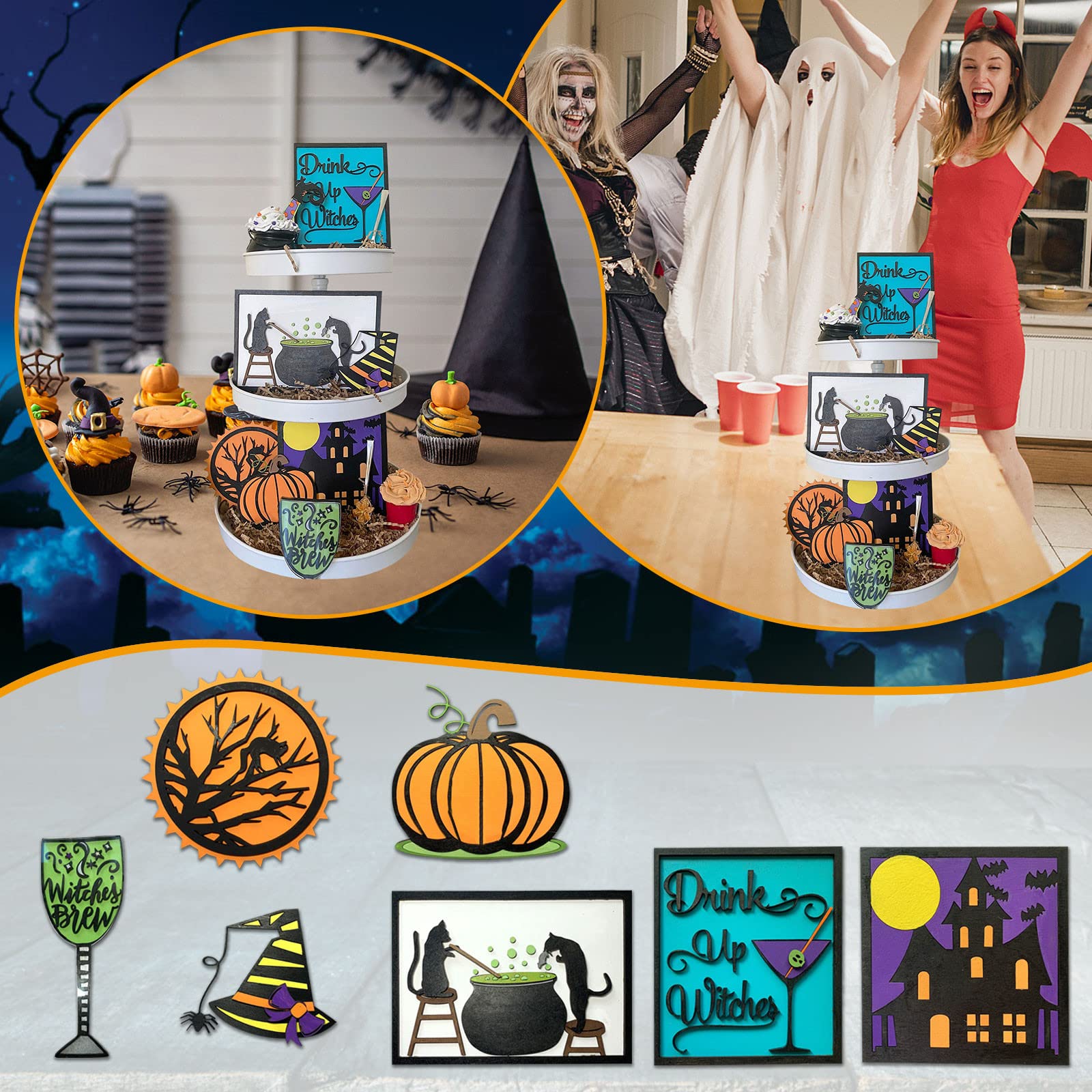 7 Pcs Halloween Tiered Tray Decor Set - Rustic Farmhouse Wooden Signs with Pumpkin, Ghost, Pinecone & Berry Designs for Fall Home Table Mini Decor | Perfect for Halloween Party, Thanksgiving Centerpiece & Seasonal Home Styling