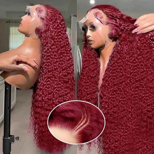 250% Density 13X4 Burgundy Deep Wave Lace Front Wigs Human Hair