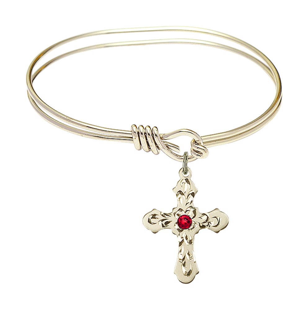 5 3/4 Inch Oval Eye Hook Bangle Bracelet with Cross Medal Charm & July Red Crystal - Elegant Jewelry for Women, Perfect for Gifts, Parties and Daily Wear
