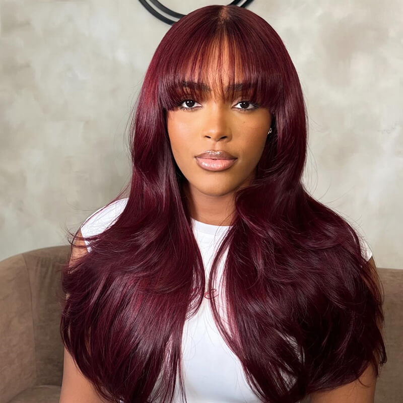 Dark Burgundy Layered Cut Straight with Bangs