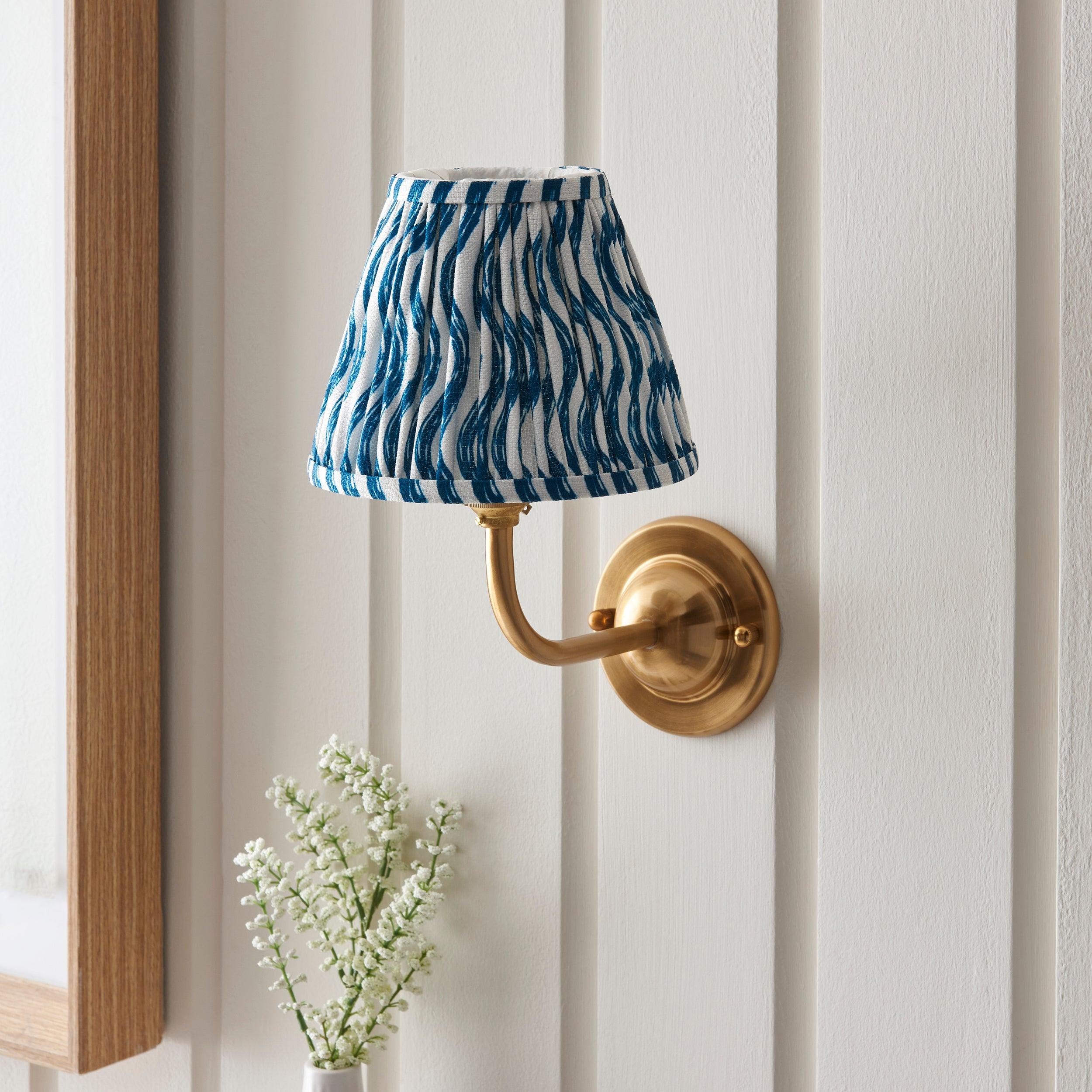 Vintage Dome Arc Brass Wall Light with 16cm Ripple Marlin Blue Shade - Perfect for Bedroom, Living Room & Hallway Lighting