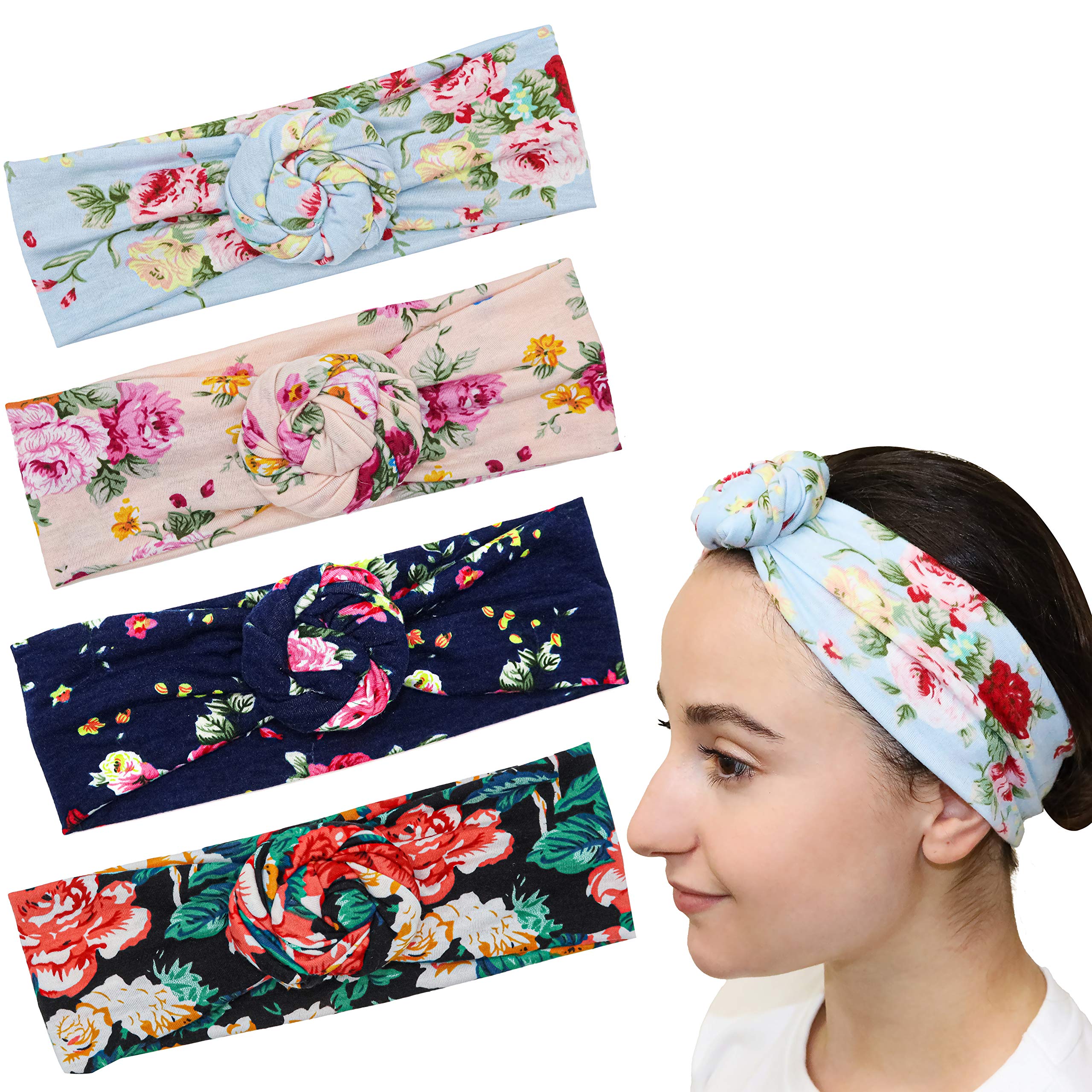 FROG SAC 4-Pack Floral Headbands for Girls & Women | Stretchy Flower Headwraps for Teens & Adults | Soft Rose Bun Headbands | Cute Comfortable Fashion Hair Accessories for Everyday Wear, Parties & Photos