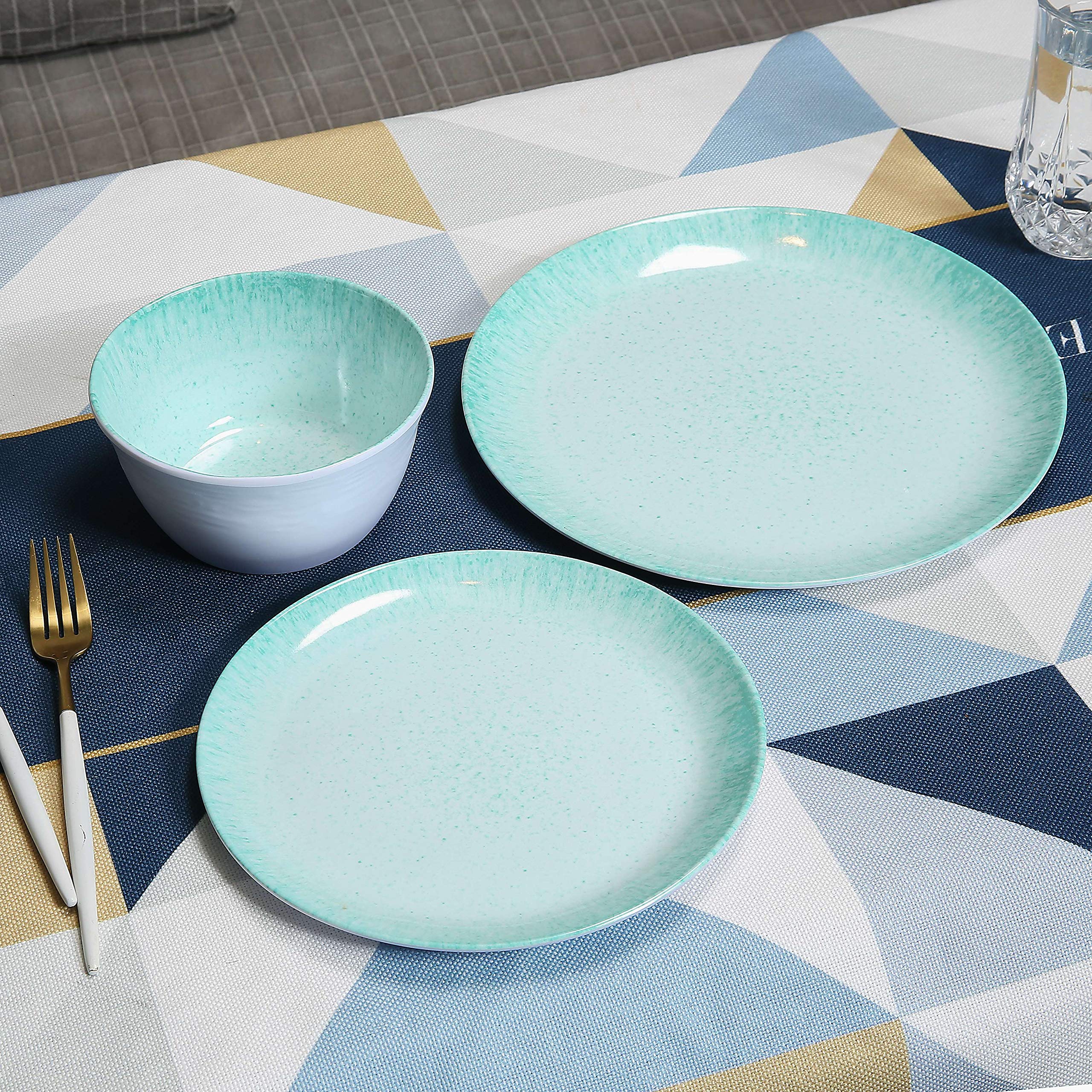 12-Piece Melamine Dinnerware Set - Durable Plates & Bowls for 4, Turquoise with Spot Design - Perfect for Outdoor Dining, Picnics, and Pool Parties