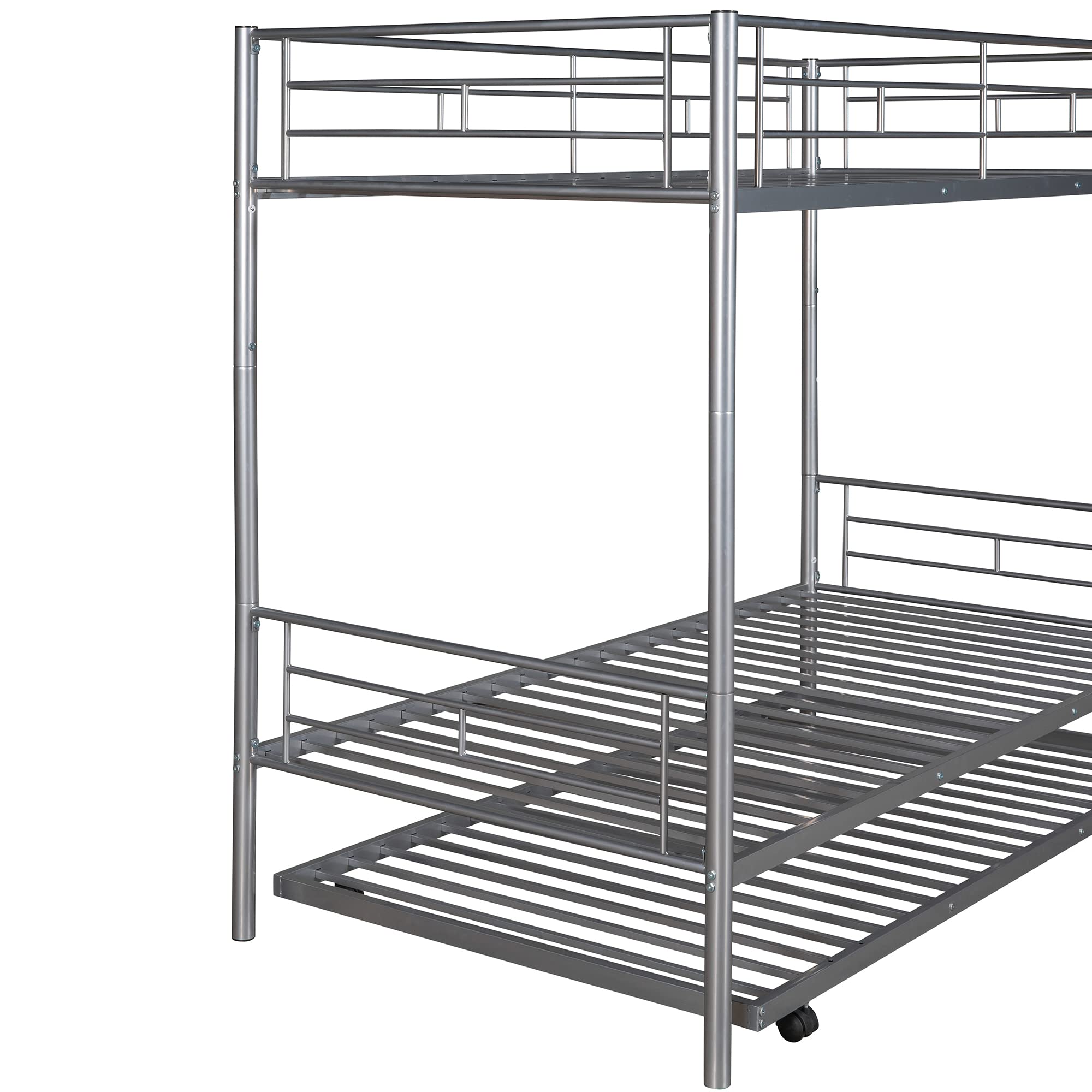 P PURLOVE Twin Over Twin Metal Bunk Bed with Trundle - Convertible to 2 Separate Beds - Space-Saving Design with Ladder - No Box Spring Required - Silver Finish - Perfect for Kids' Rooms, Guest Rooms & Small Spaces
