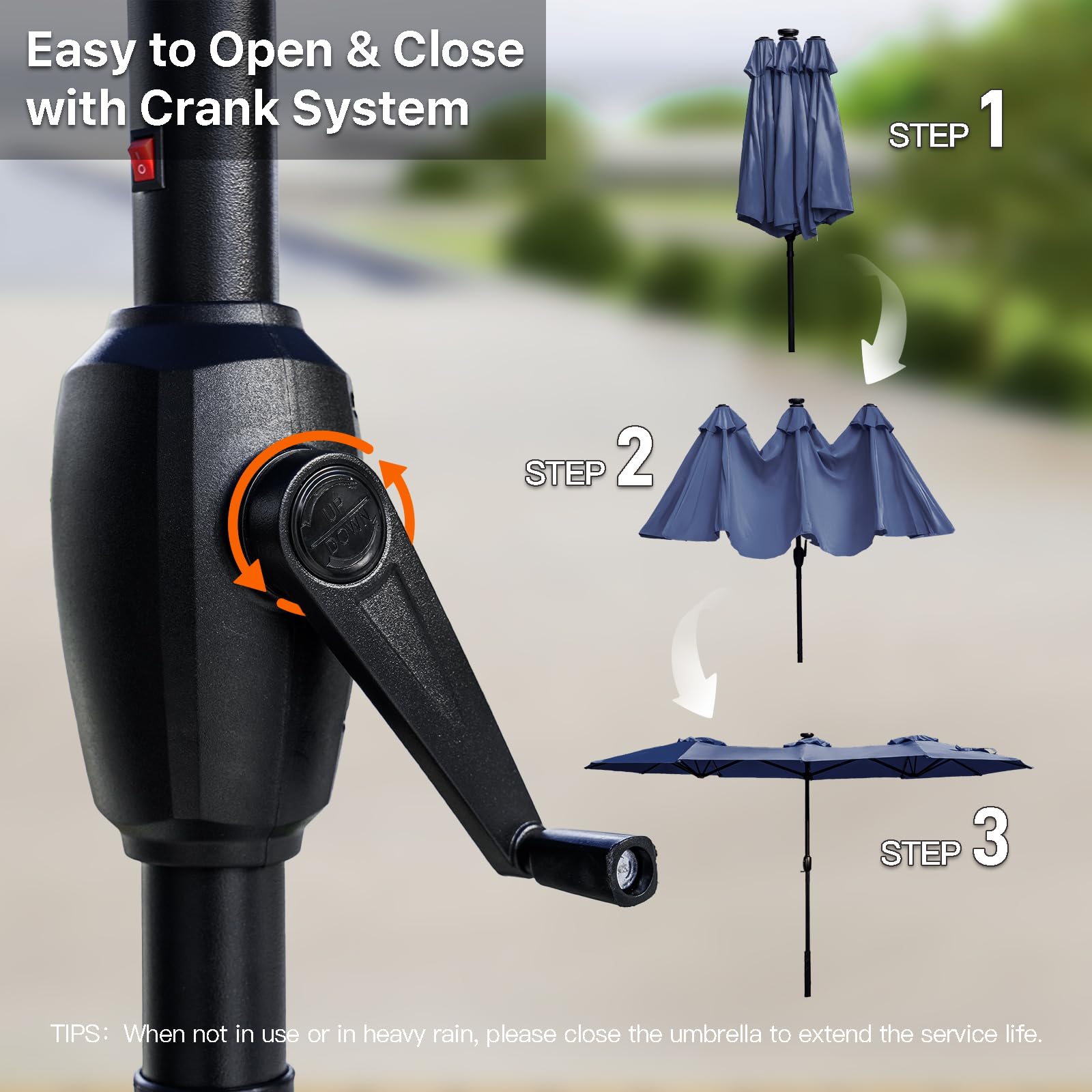 FREE SOLDIER 13ft Solar LED Patio Umbrella with 36 Lights - Double Sided Outdoor Table Umbrella for Garden, Yard, Pool - Navy Blue | Perfect for Backyard BBQs, Beach Parties & Outdoor Dining