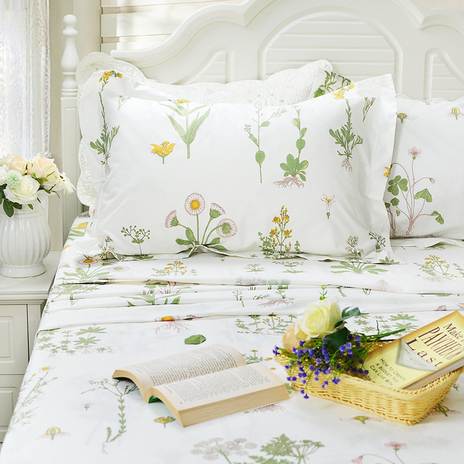 FADFAY 100% Cotton 4-Piece Bed Sheet Set - Green Floral Print (1 Flat Sheet, 1 Fitted Sheet, 2 Pillowcases) - Soft & Comfortable Twin XL Bedding for Dorm, Guest Room & Home Decor