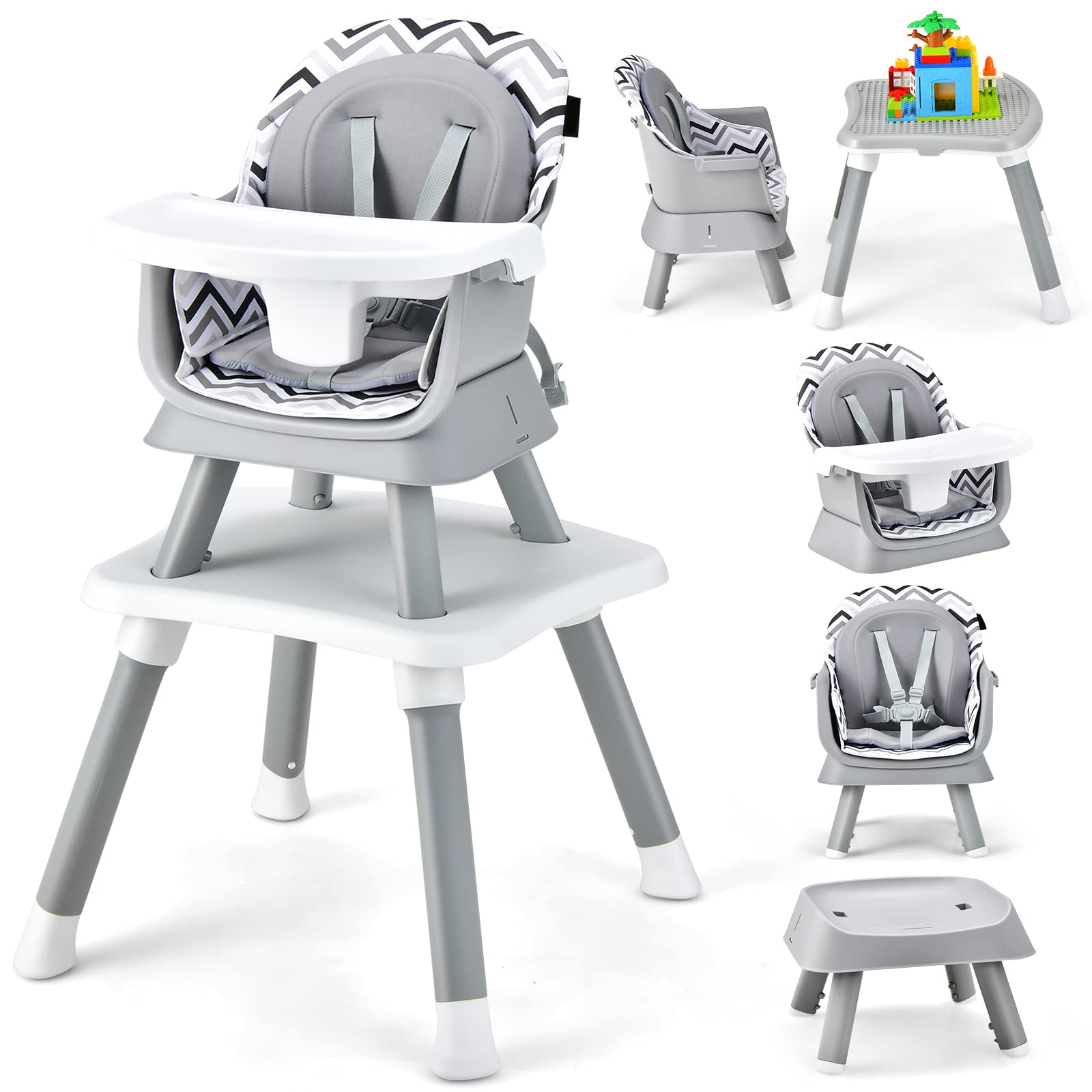 HONEY JOY 8-in-1 Convertible Baby High Chair for Toddlers - Adjustable Feeding Chair, Booster Seat, Building Block Table & Kids Stool with Safety Harness (Wave Gray) - Perfect for Dining, Playtime & Learning Activities