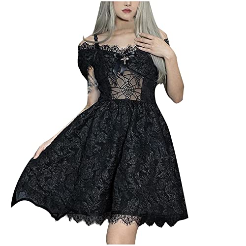 Gothic Lolita Dress for Women - Off Shoulder Vintage Lace Ruffle Mini Dress | Punk Goth Costume for Halloween, Cosplay, Masquerade Parties & Alternative Fashion