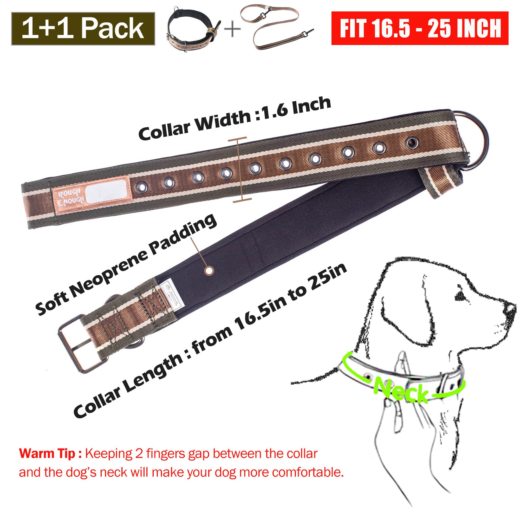 Rough Enough Heavy Duty Dog Collar and Leash Set - Nylon Webbing with Metal Buckle, Adjustable L Size Brown - Perfect for Training, Walking & Outdoor Adventures