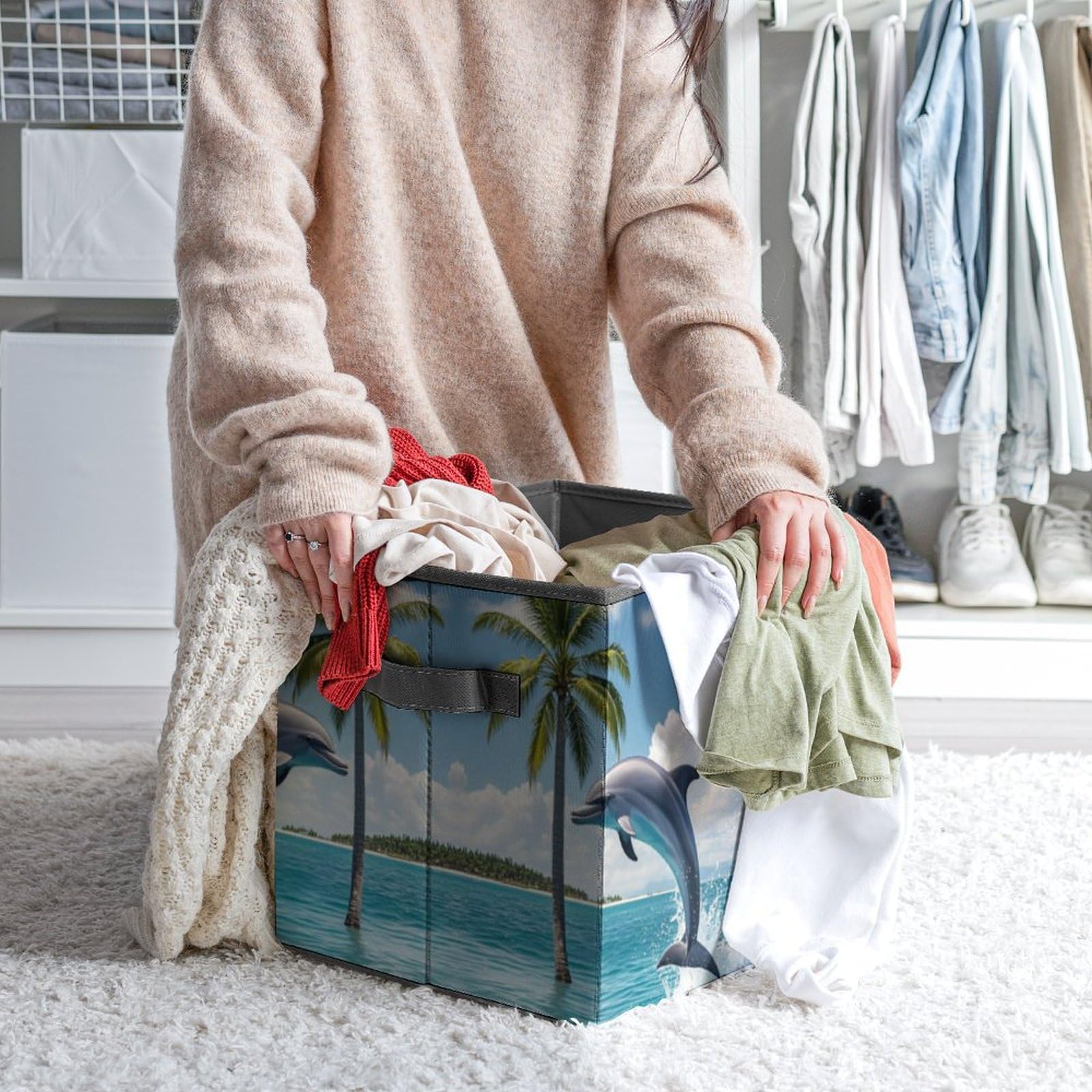 Dolphin & Palm Tree Collapsible Storage Bin - 10.6