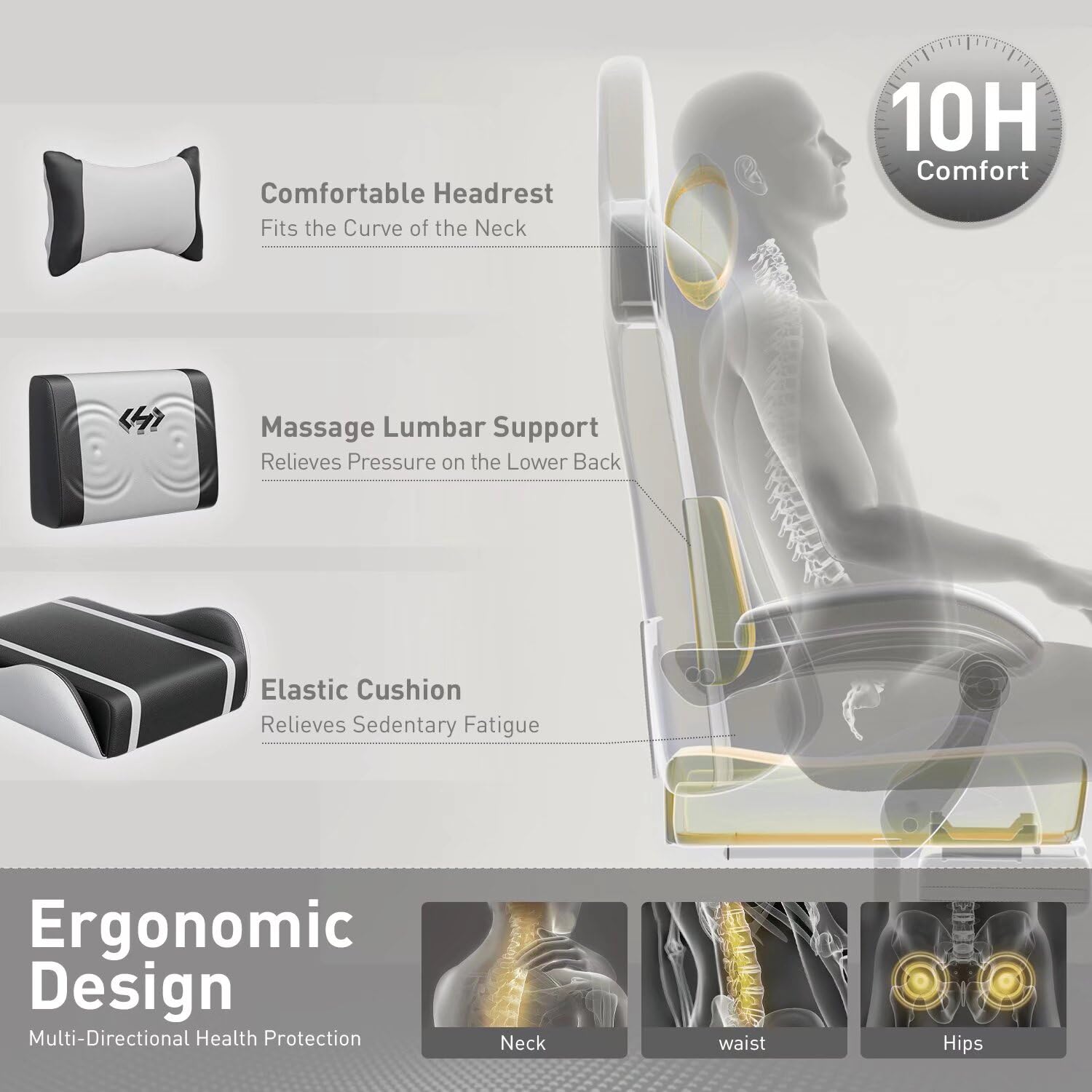 HLDIRECT Ergonomic Gaming Chair for Adults - High Back PU Leather Computer Chair with Adjustable Headrest & Lumbar Support - Swivel Office Chair for PC, Video Games & Work - Black & White Design - Perfect for Home Office, Gaming Setup & Streaming Station