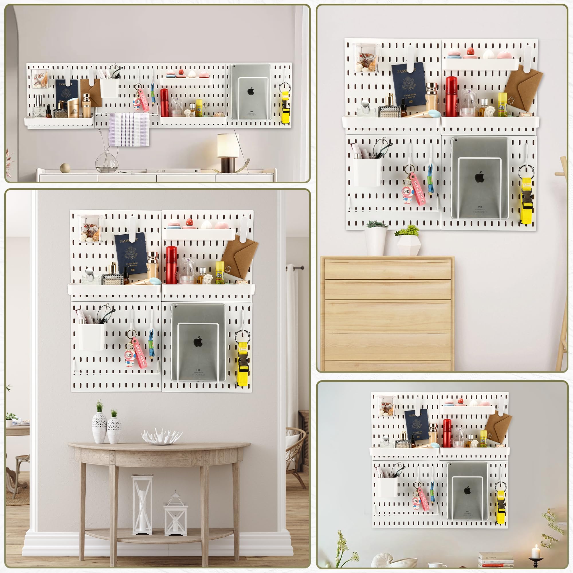 White Pegboard Wall Organizer Set of 4 with 12 Accessories - Craft, Desk & Wall Mount Display Pegboard Panels for Kitchen, Office, Bathroom & Garage Organization - Perfect for DIY Projects, Home Storage & Workspace Setup